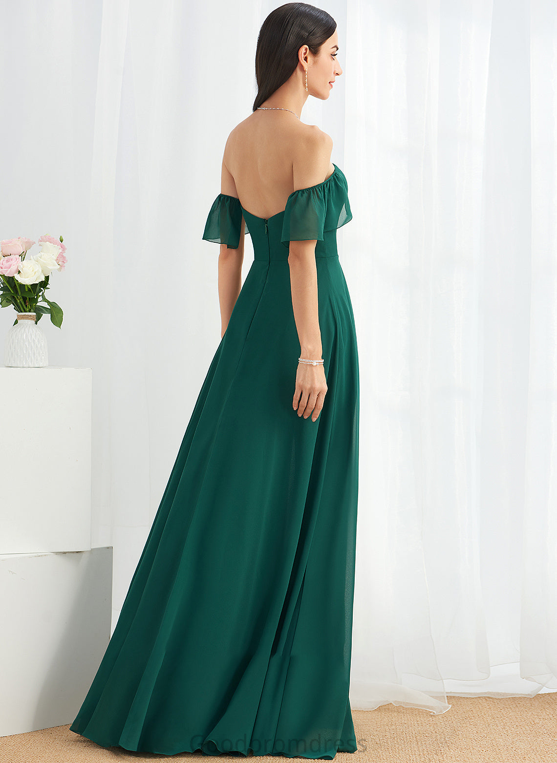 Off-the-Shoulder A-Line Length Fabric Neckline Floor-Length SplitFront Silhouette Embellishment Eleanor Natural Waist Spaghetti Staps Bridesmaid Dresses