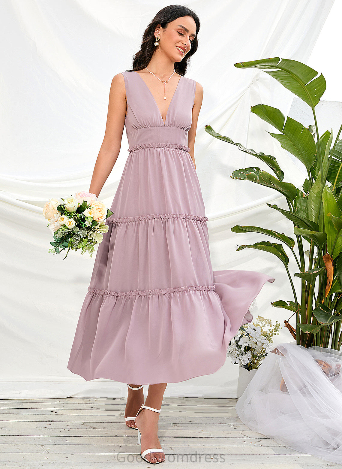 V-neck Length Silhouette Tea-Length Neckline Fabric Polyester Straps A-Line Lindsay Sleeveless A-Line/Princess Bridesmaid Dresses