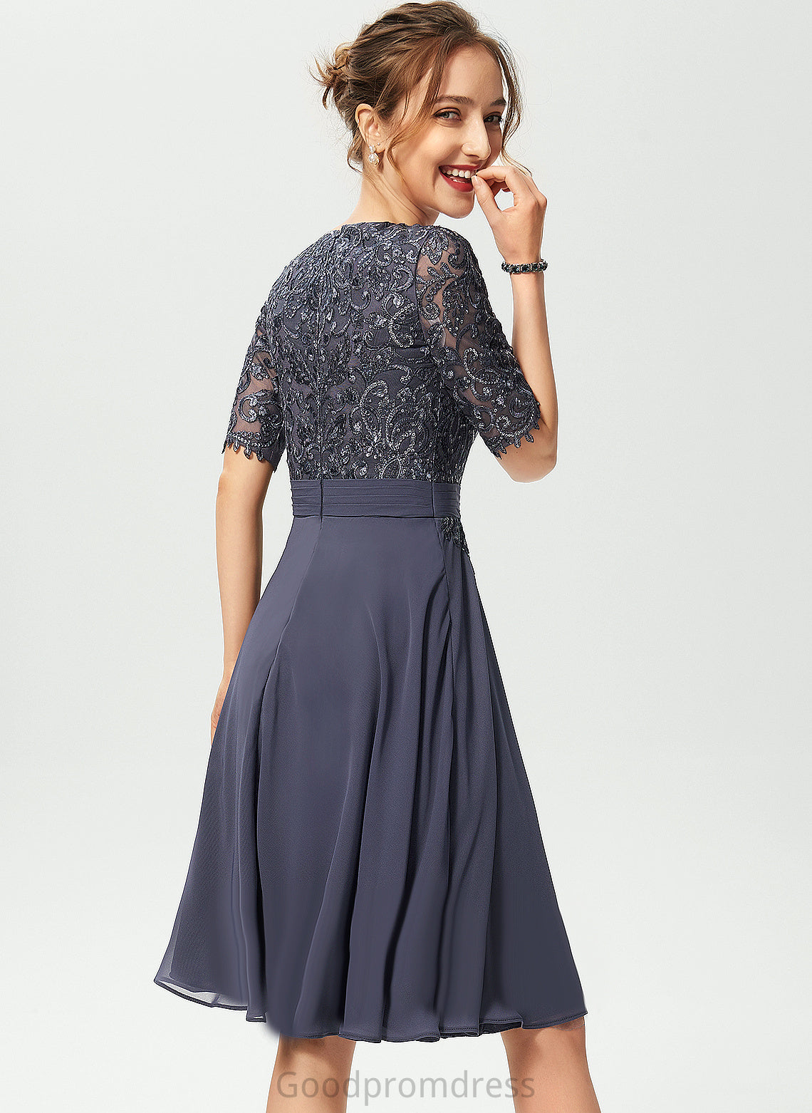 Ashley Cocktail Dress With V-neck Lace A-Line Chiffon Sequins Knee-Length Cocktail Dresses