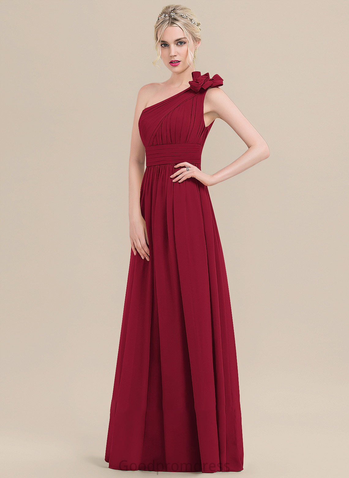 Floor-Length Length Silhouette A-Line One-Shoulder Fabric Neckline Flower(s) Embellishment Ruffle Cynthia Natural Waist Bridesmaid Dresses