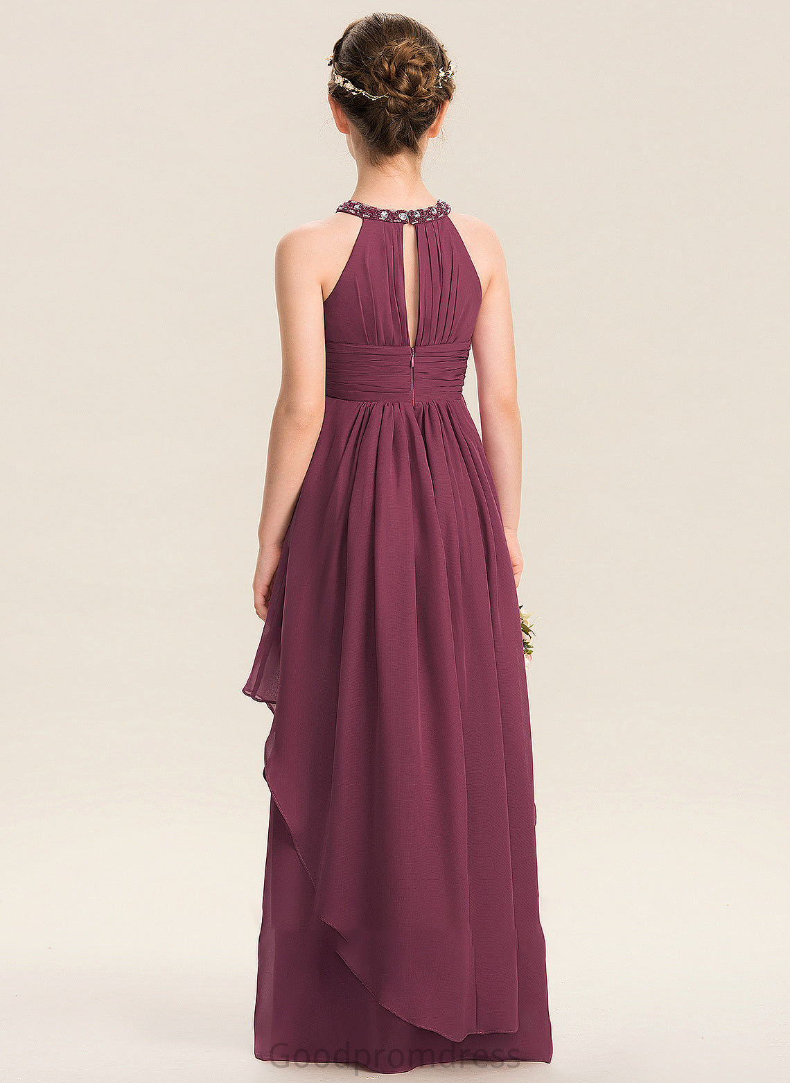 A-Line Ruffle Junior Bridesmaid Dresses With Floor-Length Beading Joselyn Neck Chiffon Scoop