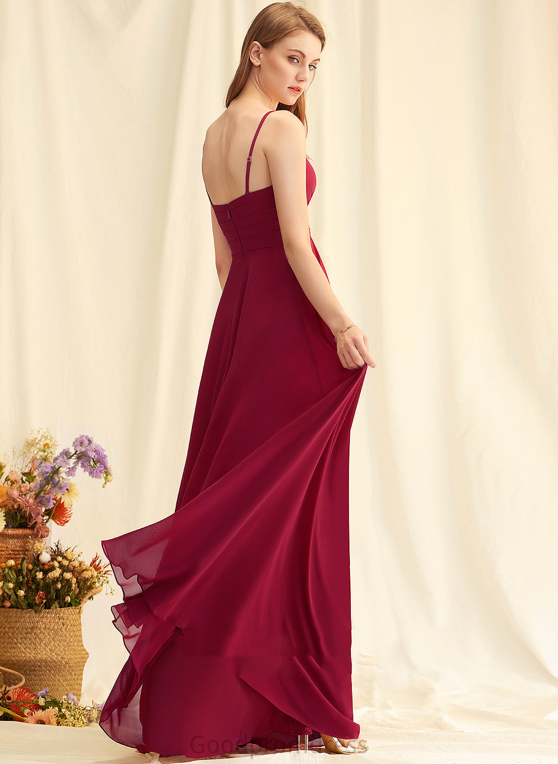 A-Line V-neck Fabric Ruffle Silhouette Embellishment Floor-Length Length Neckline Madyson A-Line/Princess Sleeveless Bridesmaid Dresses