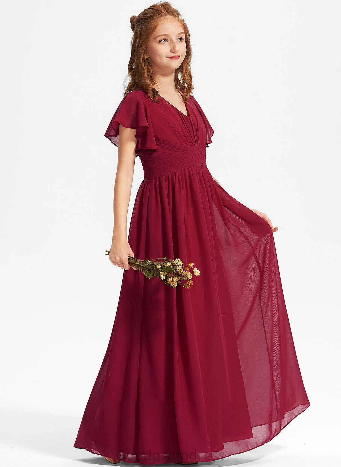 Floor-Length Chiffon Junior Bridesmaid Dresses A-Line With V-neck Ruffle Cheryl