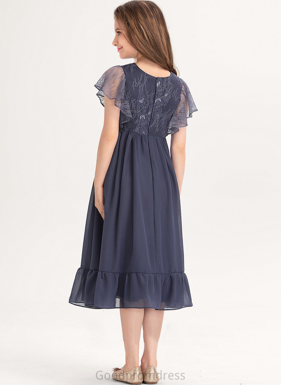 Scoop Knee-Length A-Line Lace Junior Bridesmaid Dresses Ruffles Chiffon With Neck Cascading Dulce