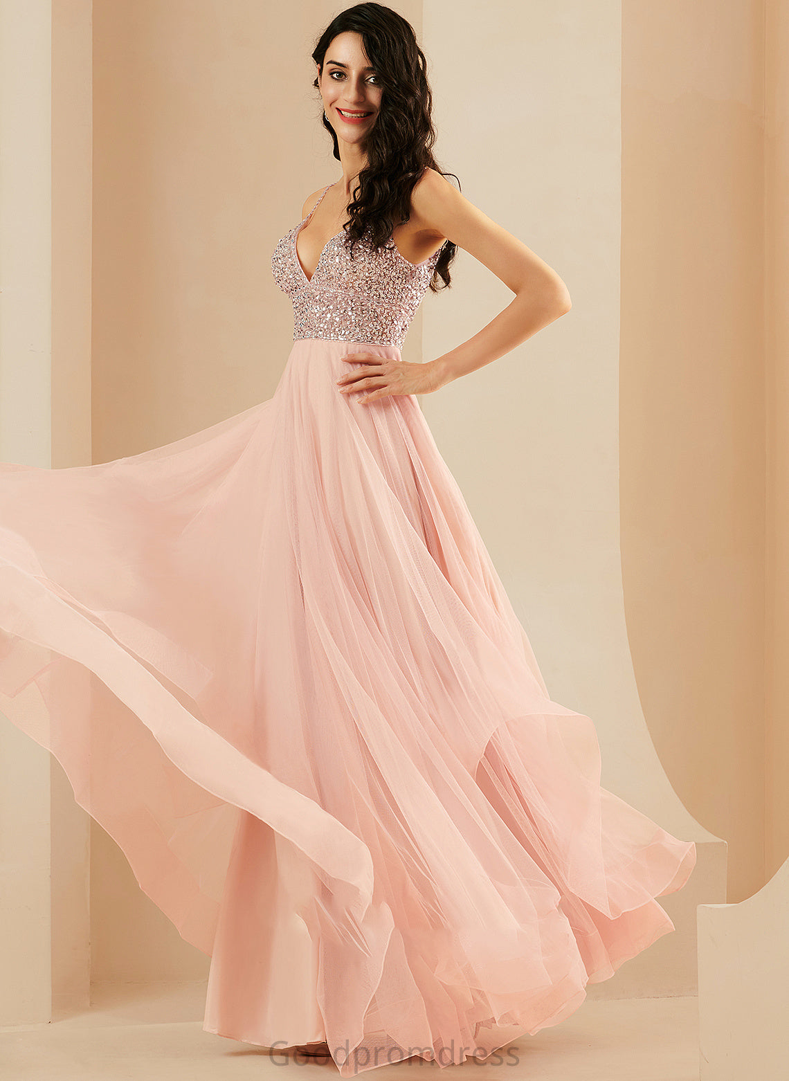 A-Line With Floor-Length V-neck Beading Sequins Selina Tulle Prom Dresses