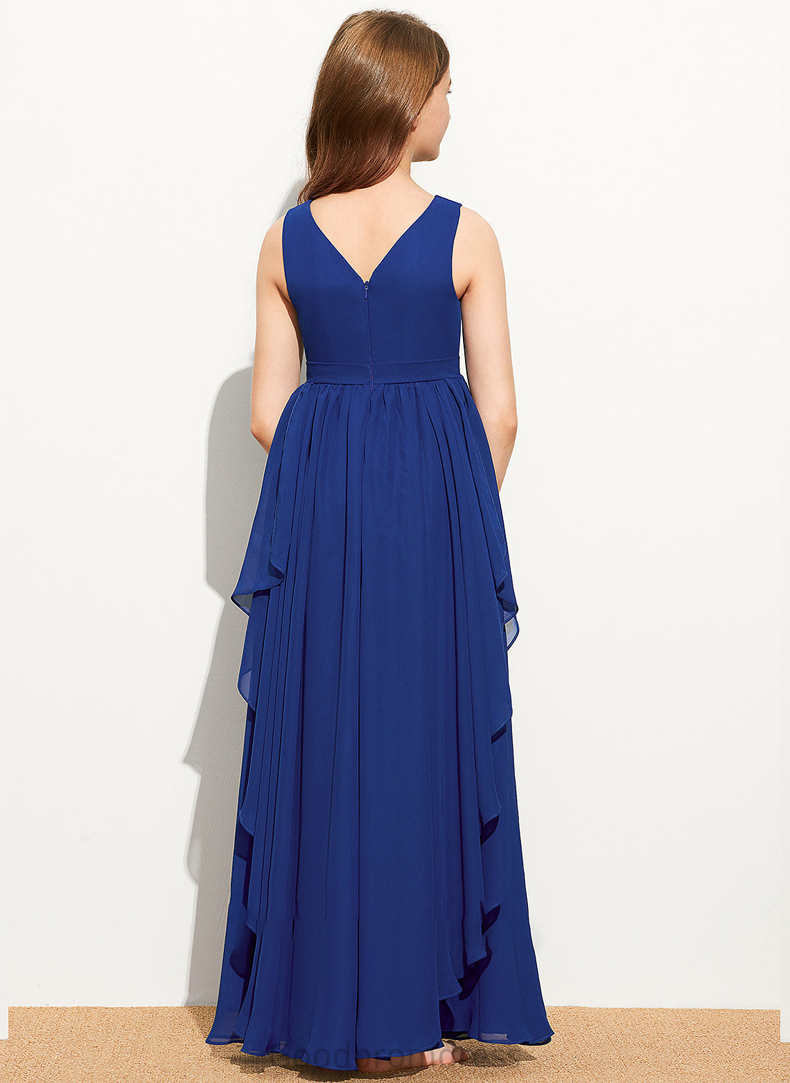 Elyse Junior Bridesmaid Dresses Floor-Length Cascading Ruffles With Chiffon V-neck A-Line