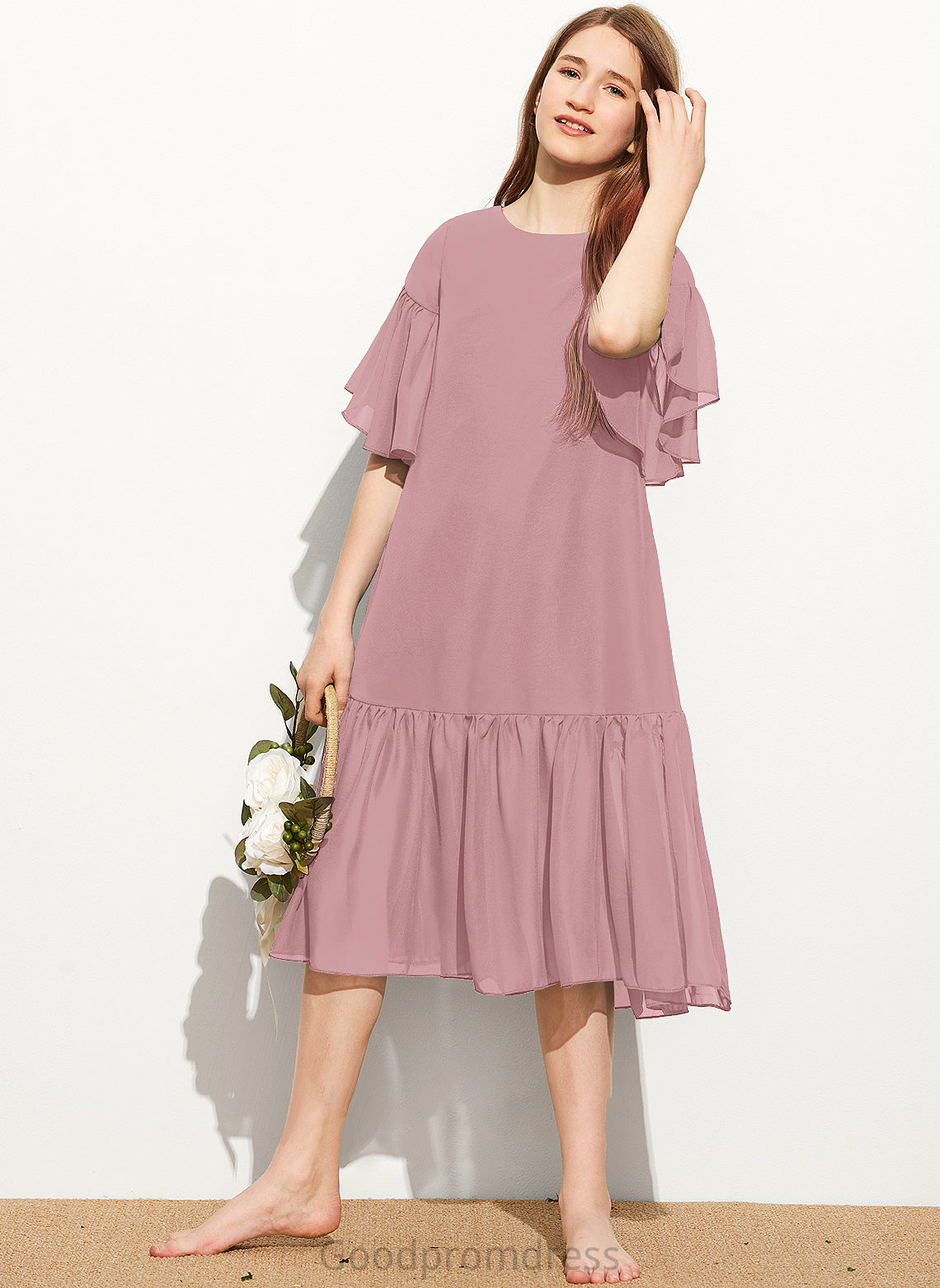 Cascading Scoop With Knee-Length Junior Bridesmaid Dresses Ruffles Liliana A-Line Neck Chiffon