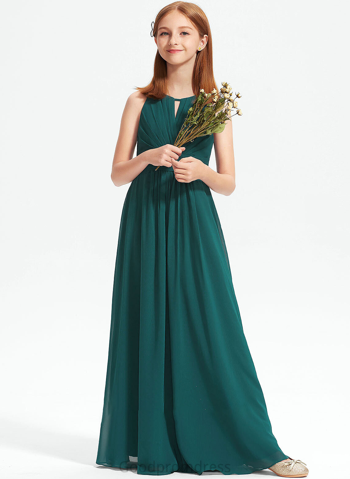 Floor-Length Scoop A-Line Junior Bridesmaid Dresses Ruffle With Chiffon Maddison Neck