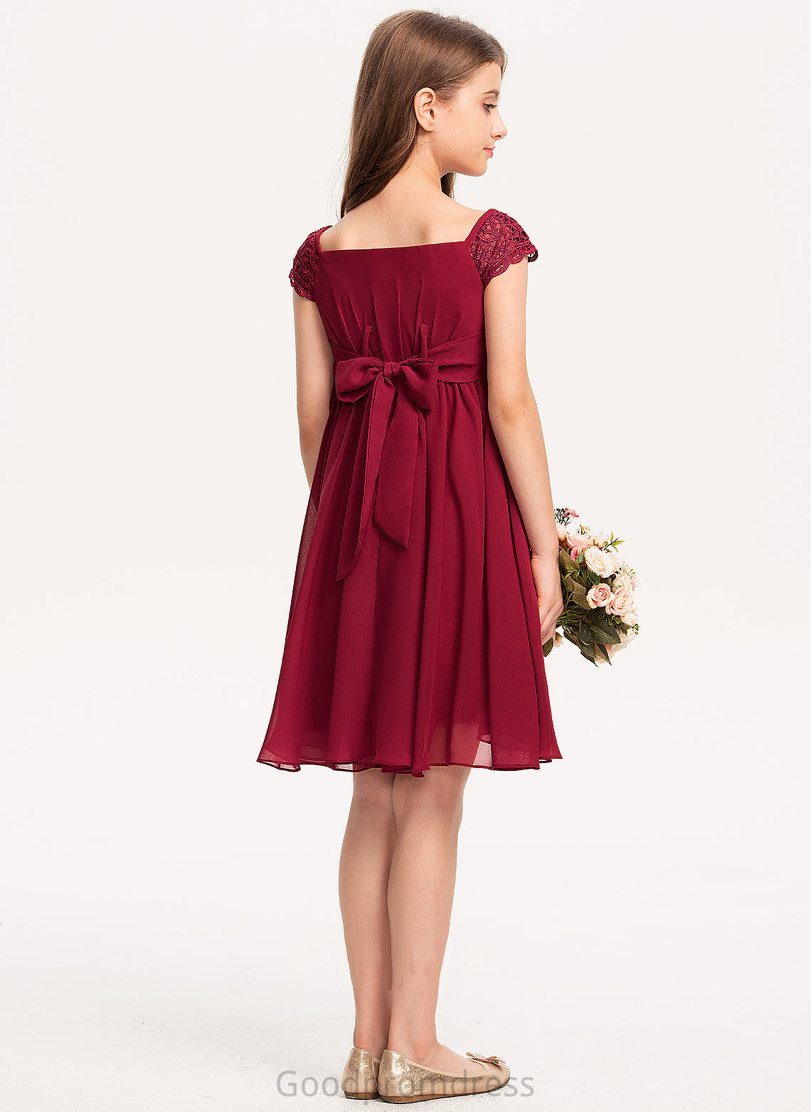 Lace A-Line Bow(s) Julie Junior Bridesmaid Dresses With Knee-Length Chiffon Off-the-Shoulder