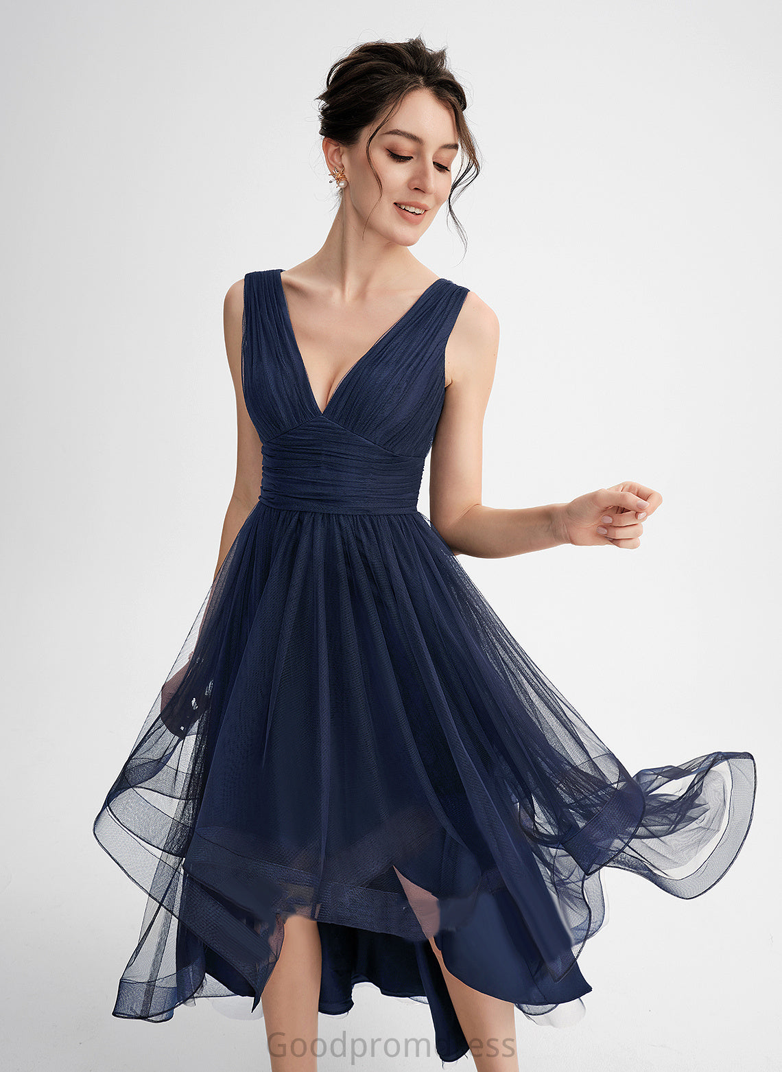 Ruffles Asymmetrical With Gemma A-Line Cocktail Cascading Pleated Tulle Dress Cocktail Dresses V-neck