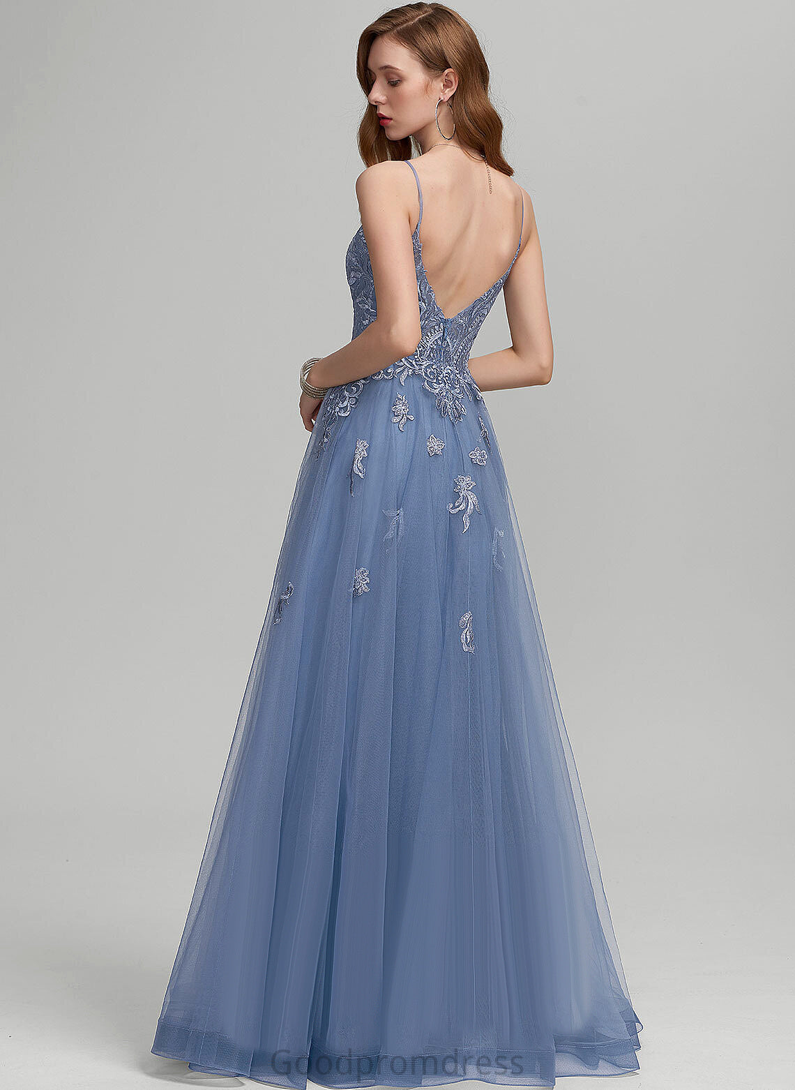 A-Line Prom Dresses Tulle With Adrienne Sequins V-neck Floor-Length Lace