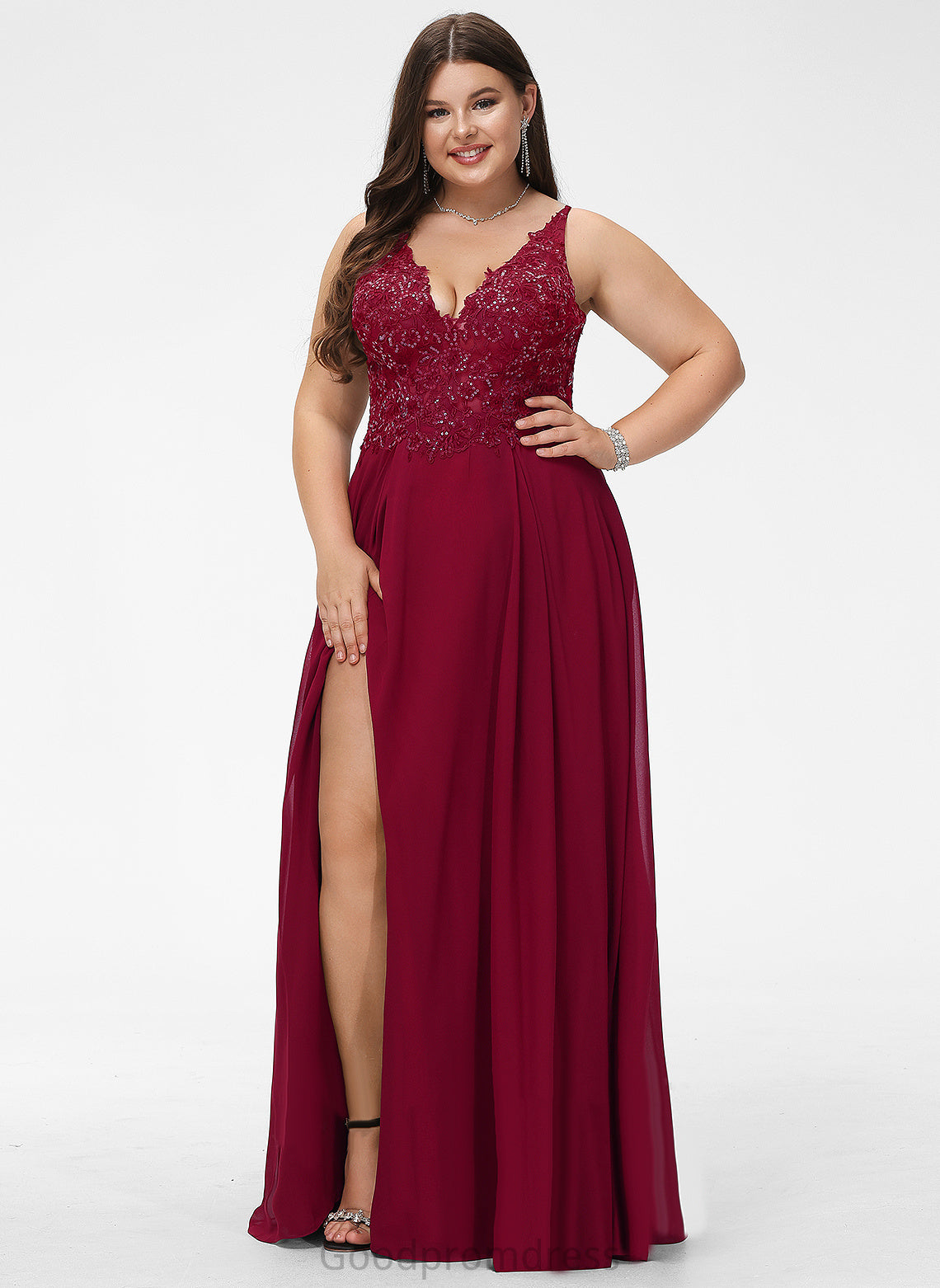 Riley Prom Dresses A-Line V-neck With Sequins Floor-Length Chiffon Lace