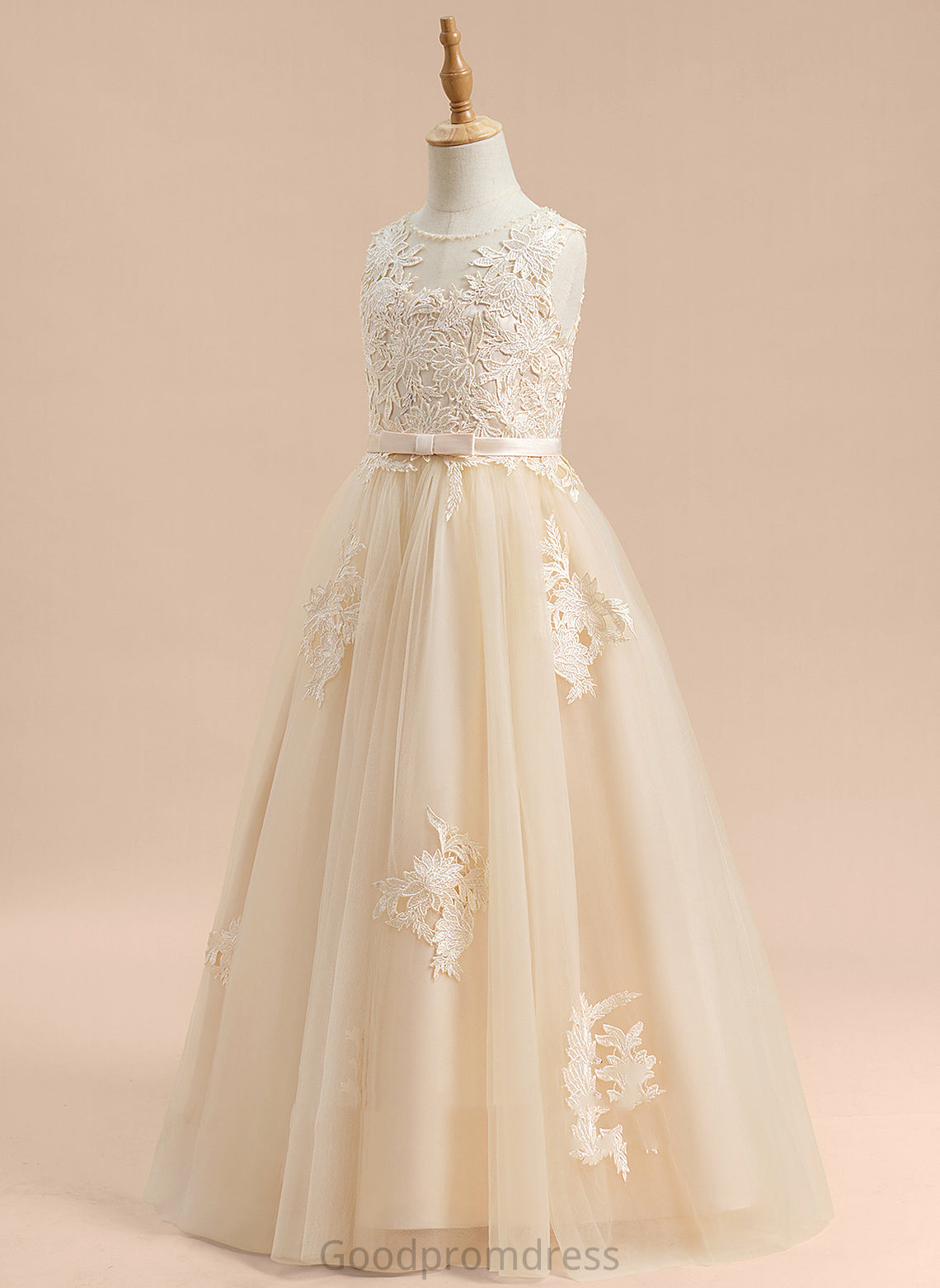 Ball-Gown/Princess Scoop Flower Flower Girl Dresses Dress Beading/Sequins/Bow(s) Girl With Floor-length Sleeveless Lauryn - Tulle/Lace Neck