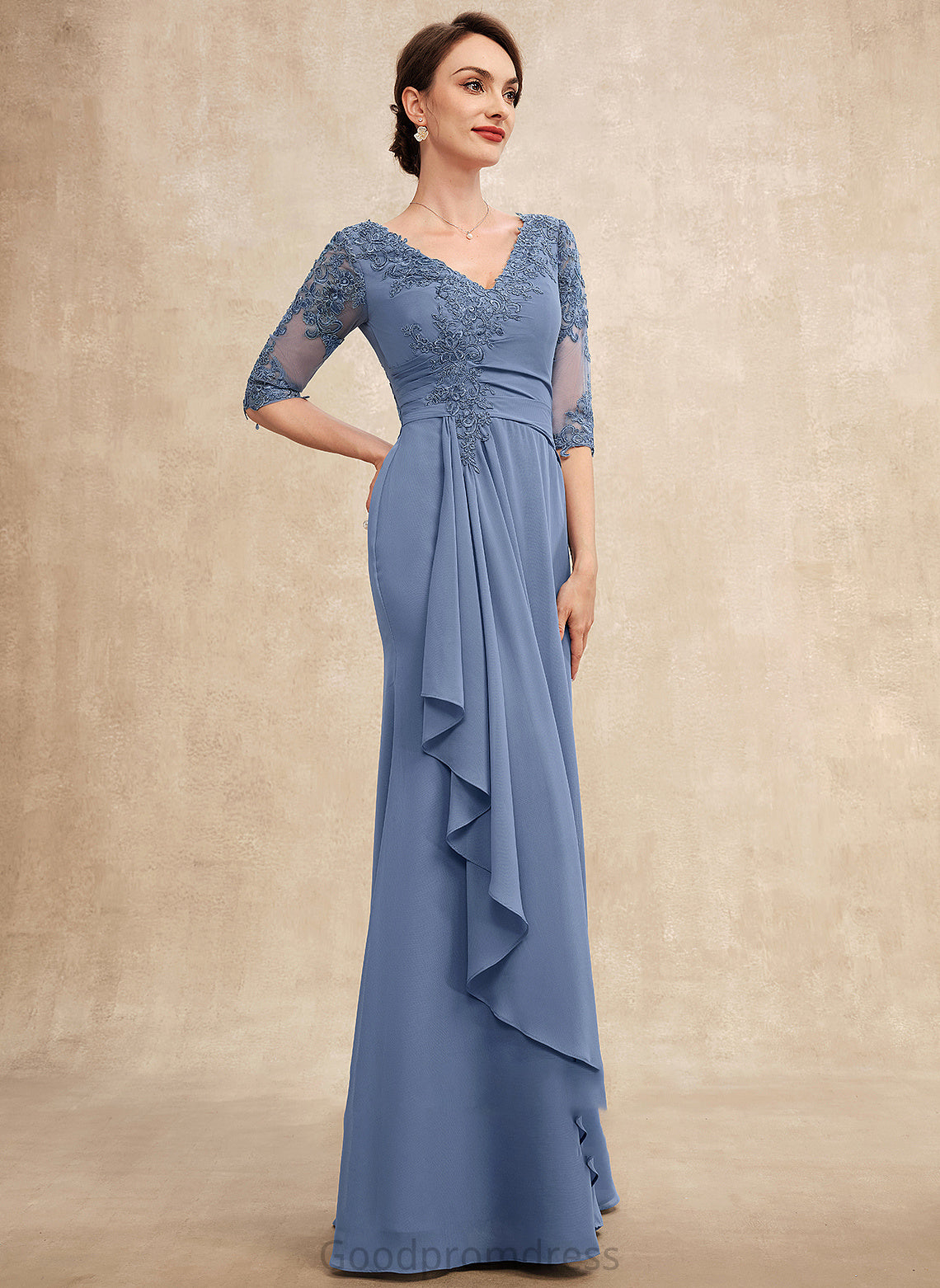 Chiffon Cascading Floor-Length the Mother of the Bride Dresses A-Line Bride Dress With Lace V-neck Ruffles of Yareli Mother