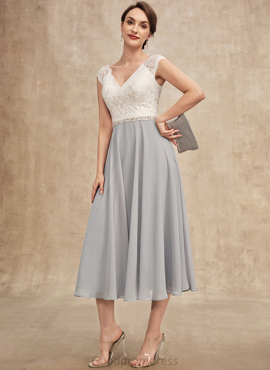 the With Lace Peggie Tea-Length A-Line Mother Chiffon of Beading V-neck Mother of the Bride Dresses Dress Bride