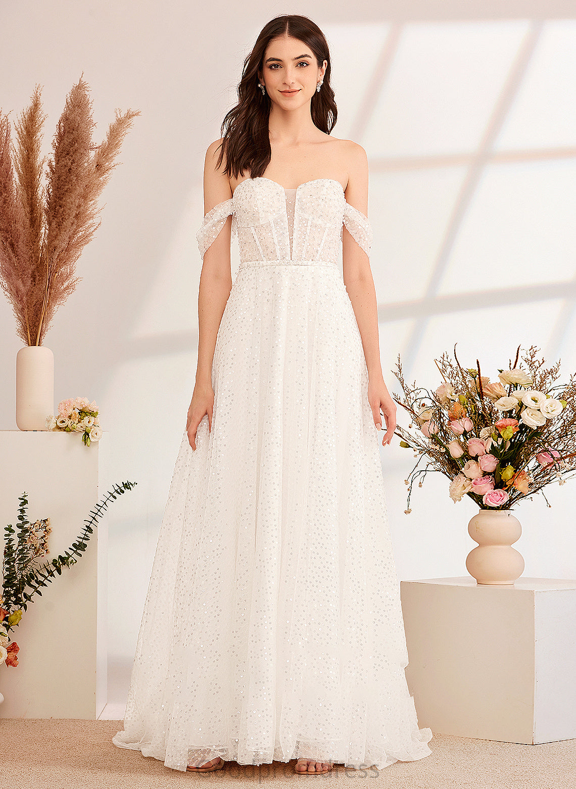 Wedding Dresses Dress A-Line Train With Off-the-Shoulder Janiya Sweep Wedding Sequins