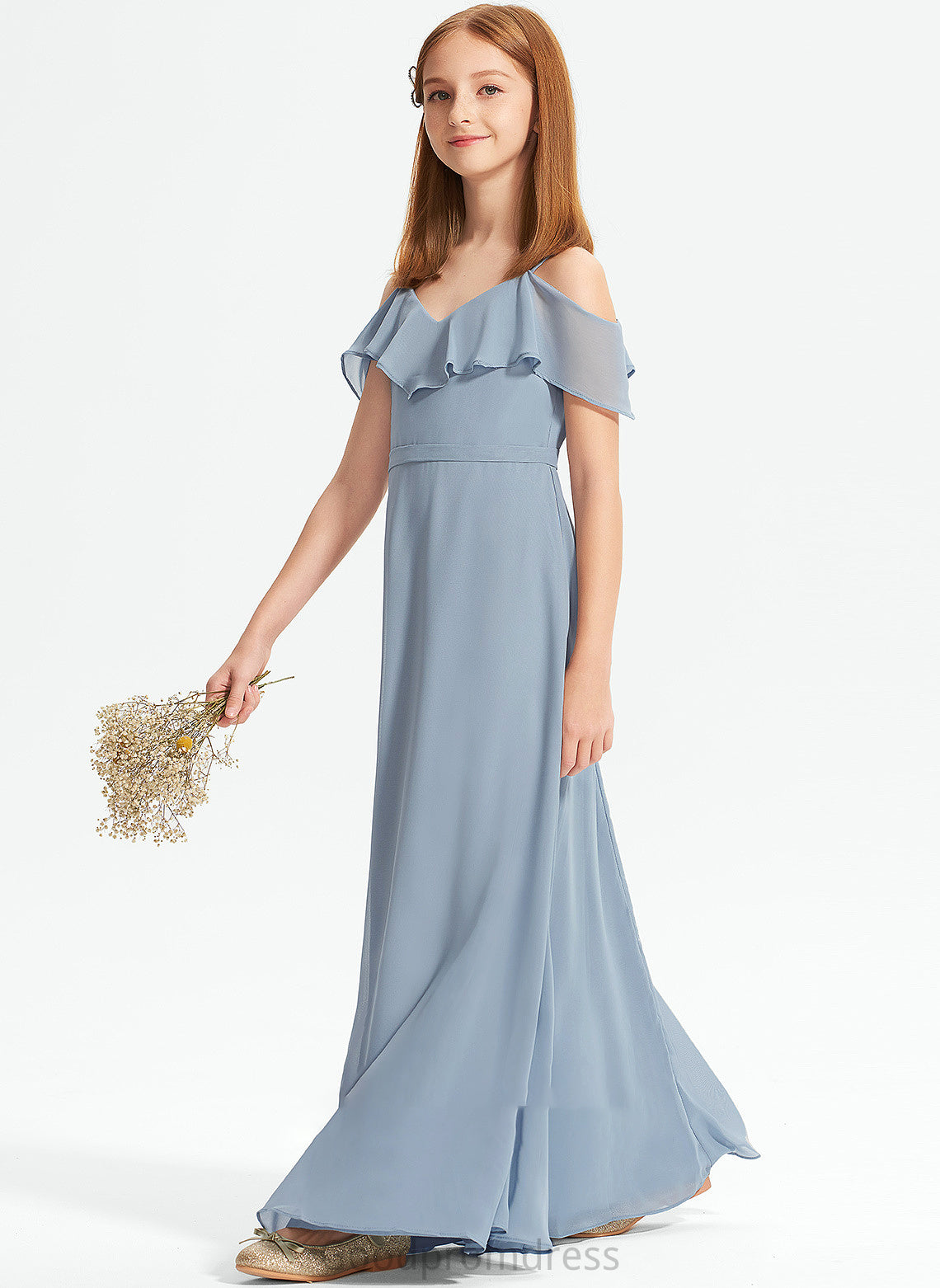 Ruffles Chiffon Floor-Length A-Line Off-the-Shoulder Isabell Junior Bridesmaid Dresses With