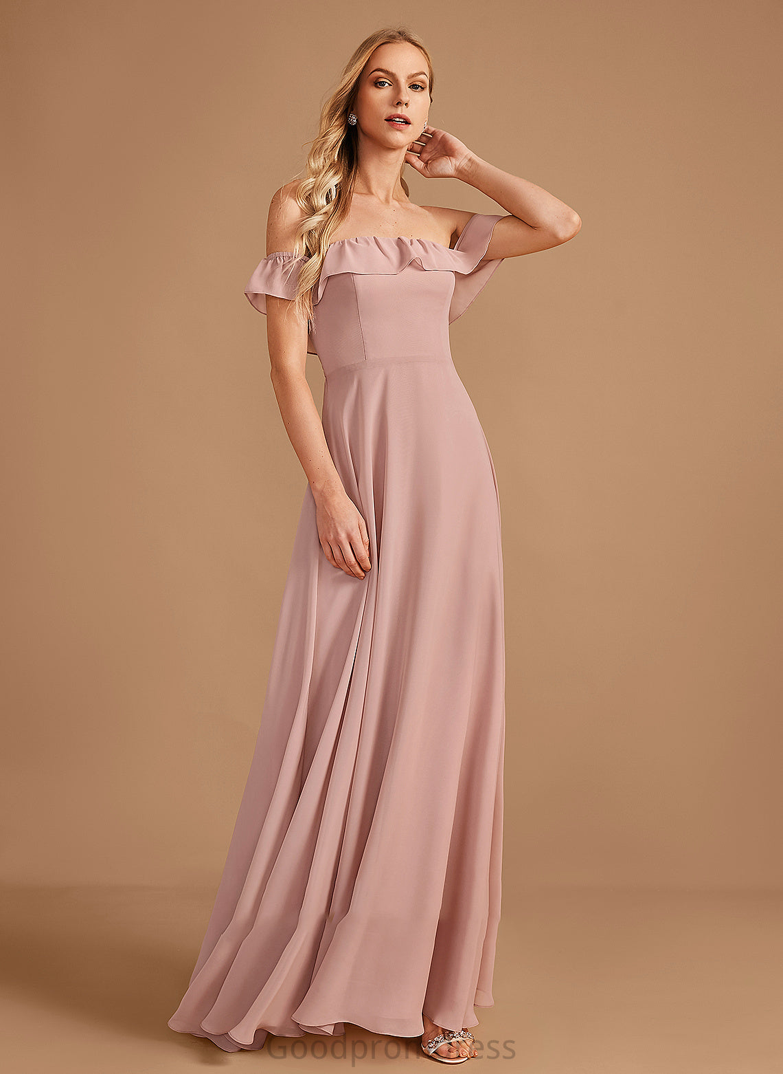 A-Line Neckline Floor-Length Silhouette Off-the-Shoulder Embellishment Ruffle Fabric Length Shyanne A-Line/Princess Sleeveless Bridesmaid Dresses