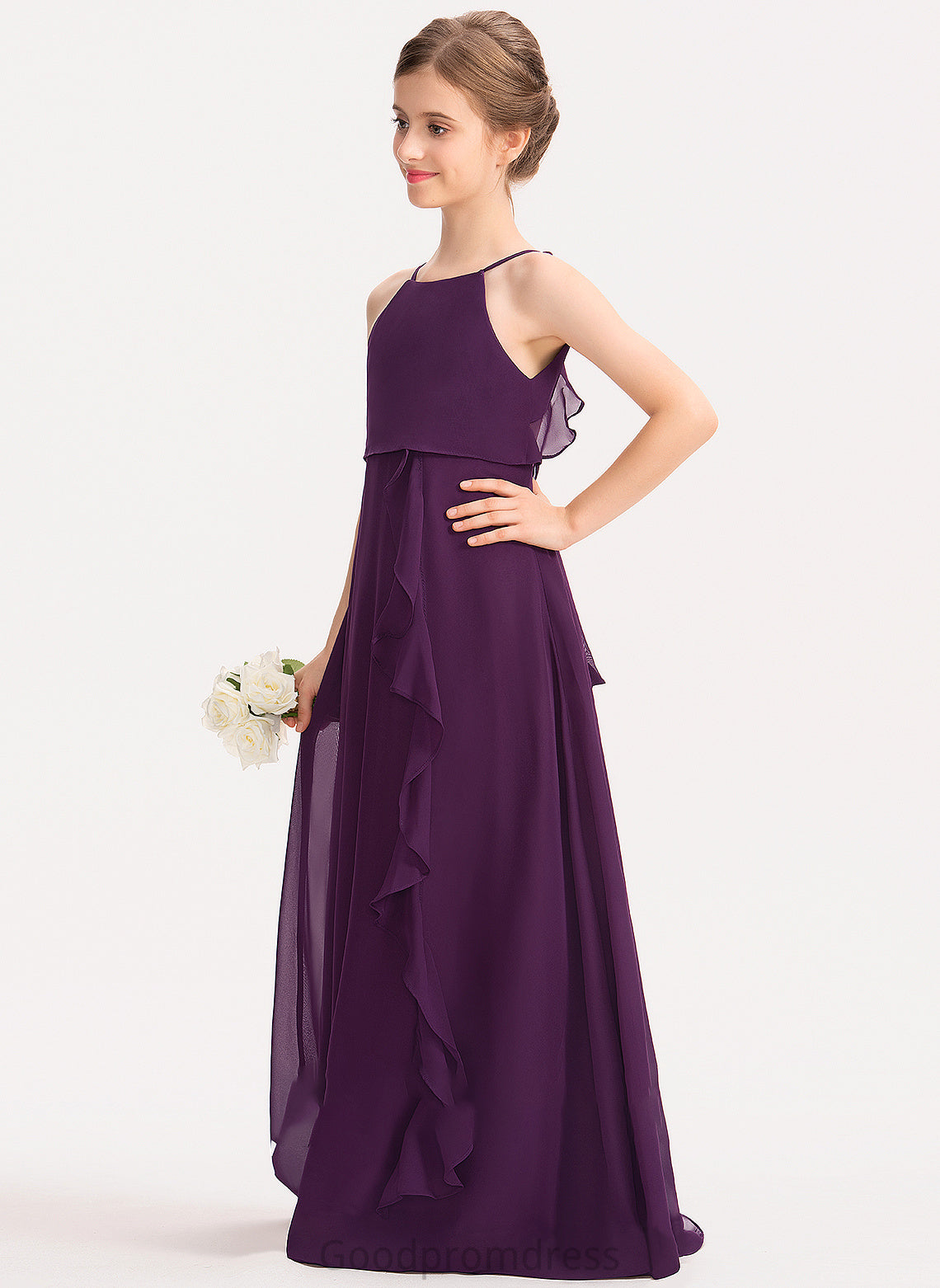 A-Line Cascading Chiffon Bow(s) Annika Scoop Ruffles Neck Junior Bridesmaid Dresses Floor-Length With