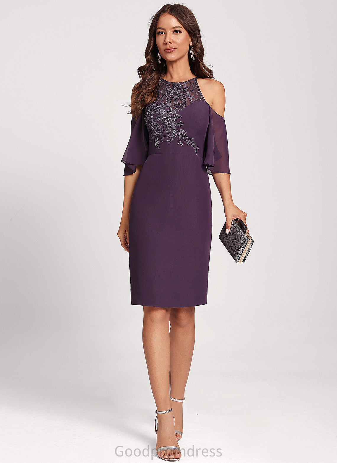 Sheath/Column With Dress Sequins Lace Shoulder Knee-Length Cold Club Dresses Karissa Cocktail Chiffon