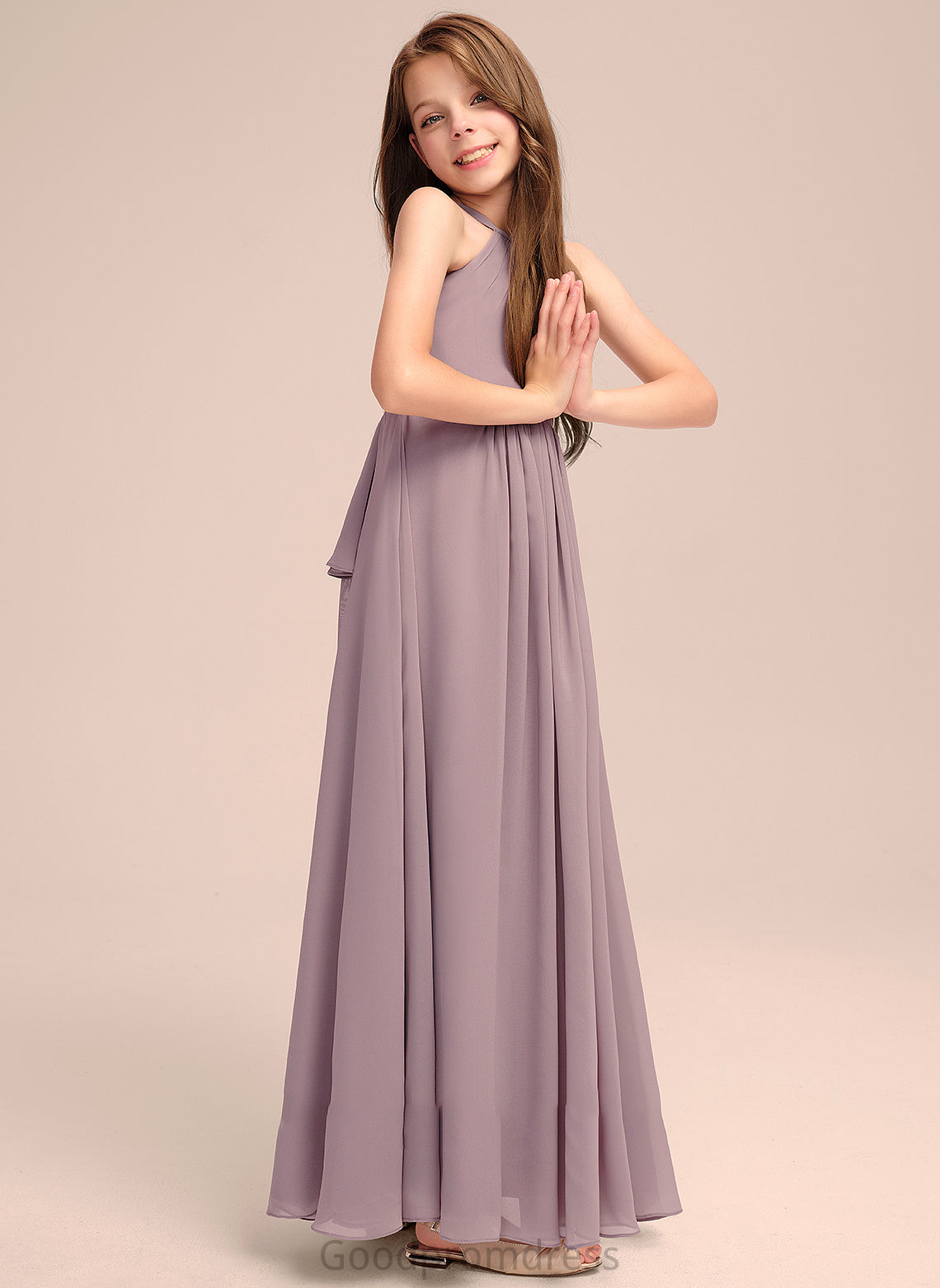 With A-Line Cascading Scoop Lena Floor-Length Junior Bridesmaid Dresses Ruffles Chiffon Neck