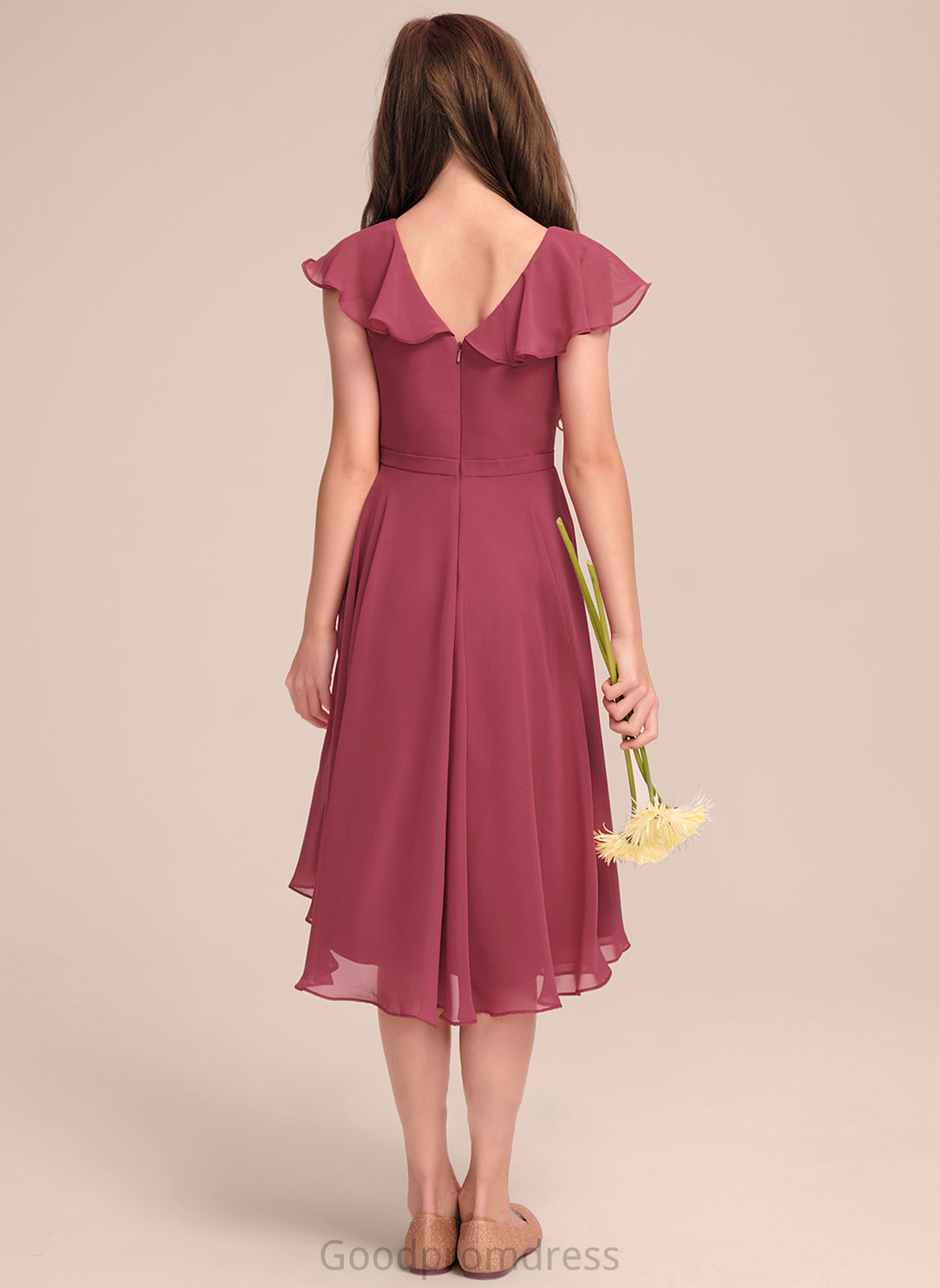 Yaretzi Ruffles Cascading A-Line With Junior Bridesmaid Dresses Asymmetrical Chiffon V-neck