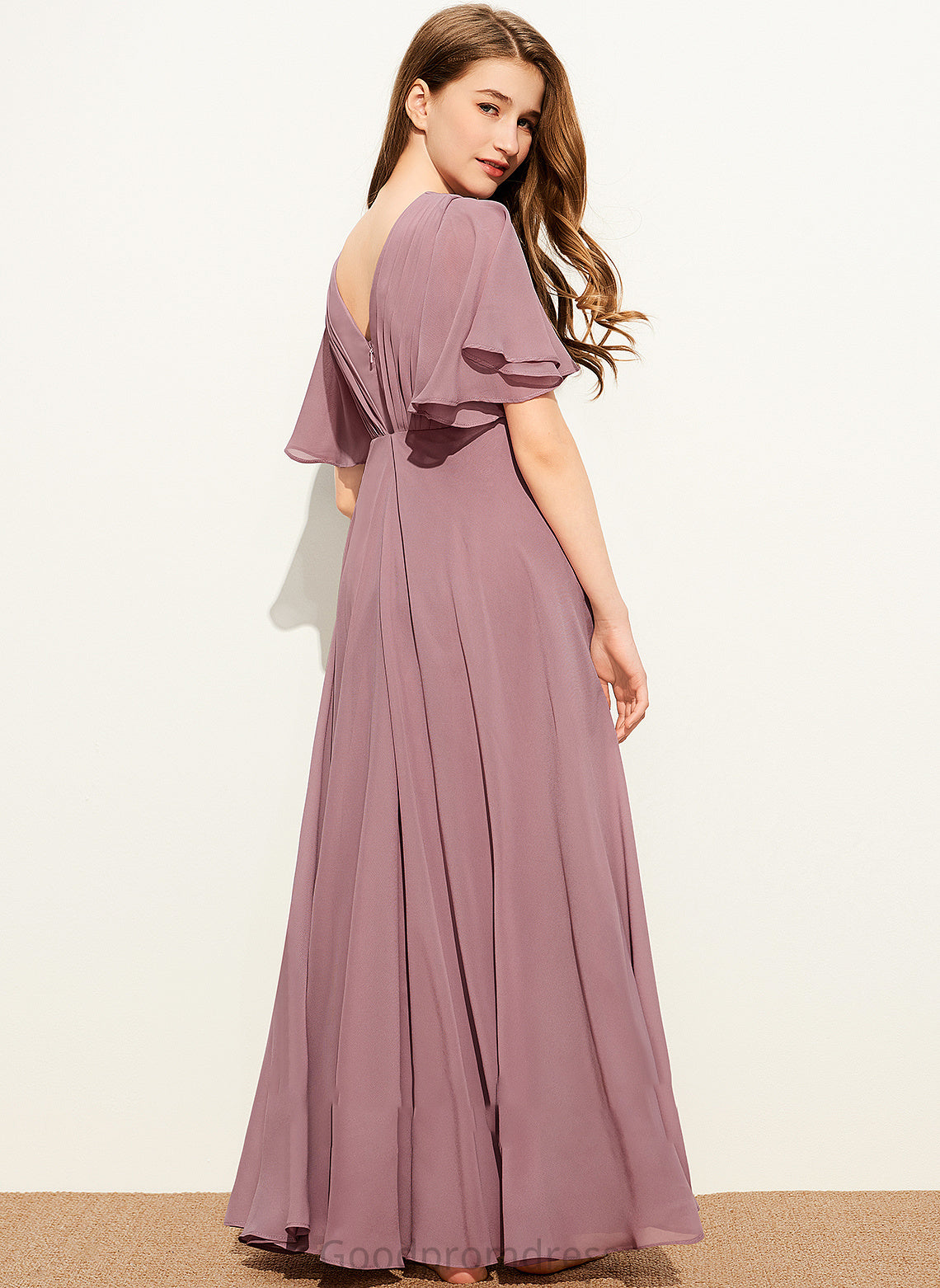 Junior Bridesmaid Dresses Ruffle With A-Line London Chiffon Floor-Length V-neck