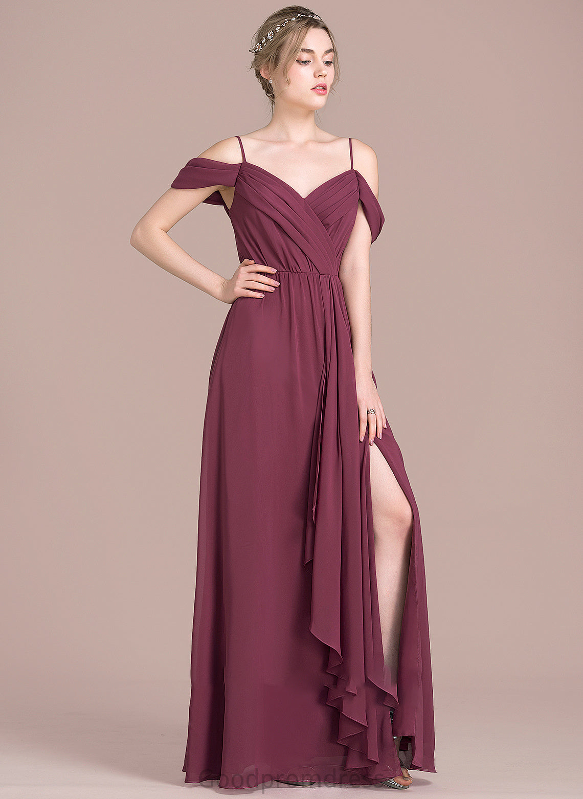 Embellishment SplitFront Fabric A-Line Bow(s) Length V-neck Silhouette Neckline Floor-Length CascadingRuffles Helga Bridesmaid Dresses