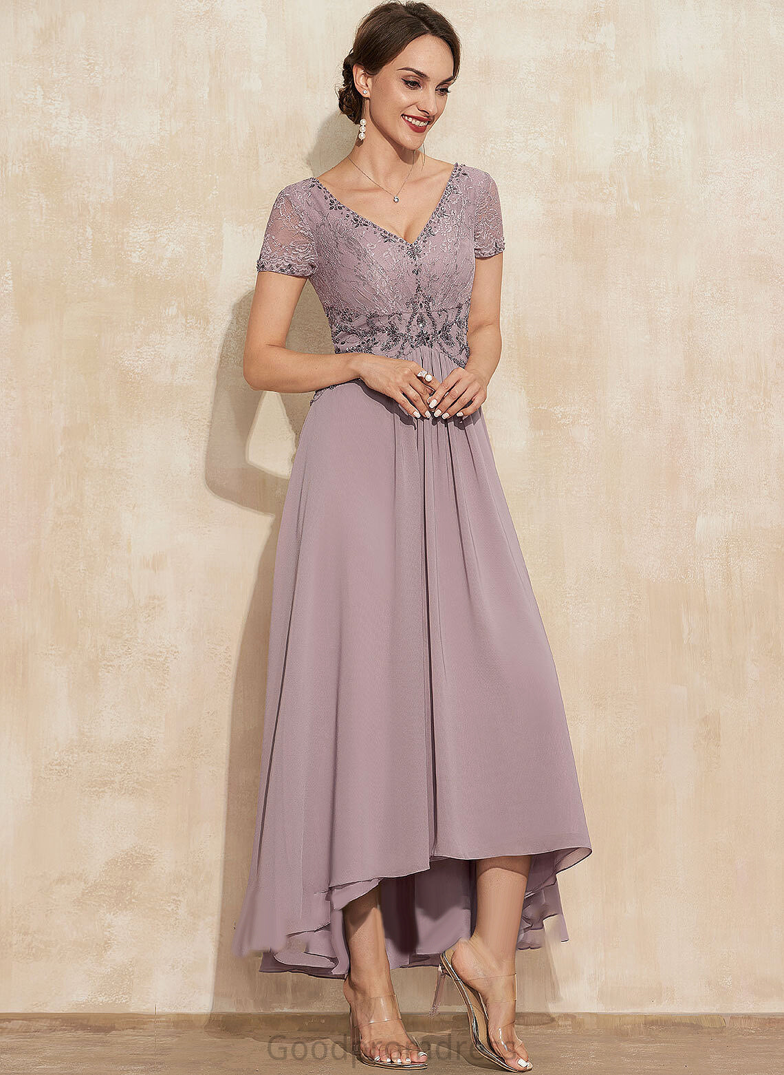 V-neck Lace Mother of the Bride Dresses Dress With Mother Karina Chiffon Beading the Bride A-Line of Asymmetrical