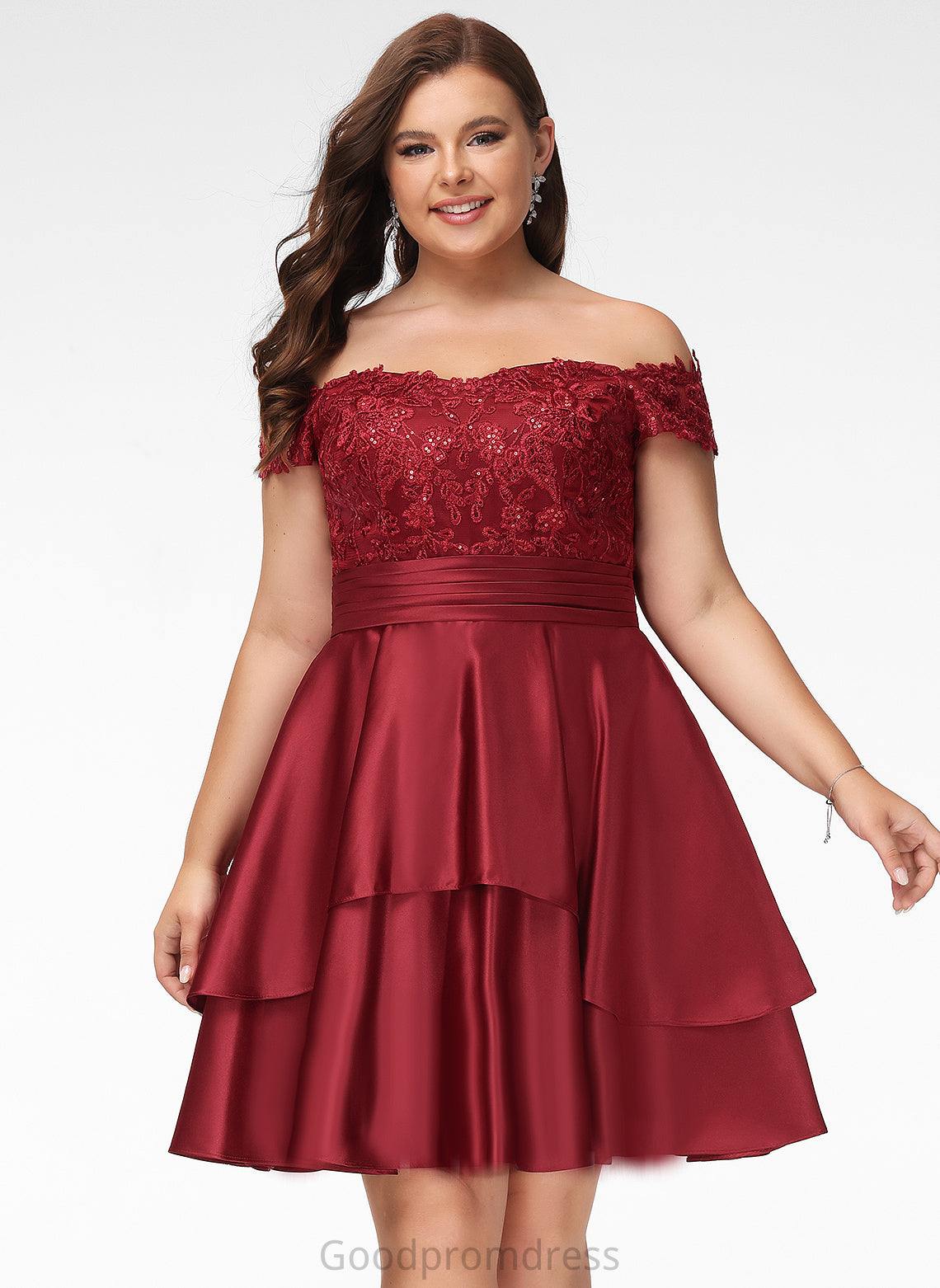 A-Line Lace Knee-Length Cocktail Satin Dress With Daniella Off-the-Shoulder Cocktail Dresses Sequins