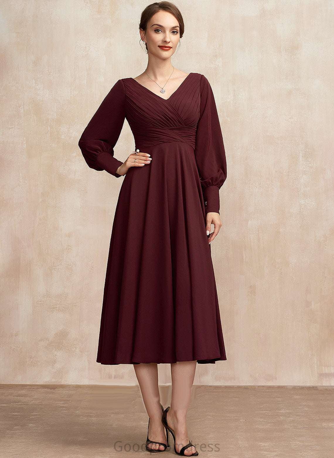 Dress Mother of the Bride Dresses Mother Tea-Length the With Bride Alisha of A-Line V-neck Ruffle