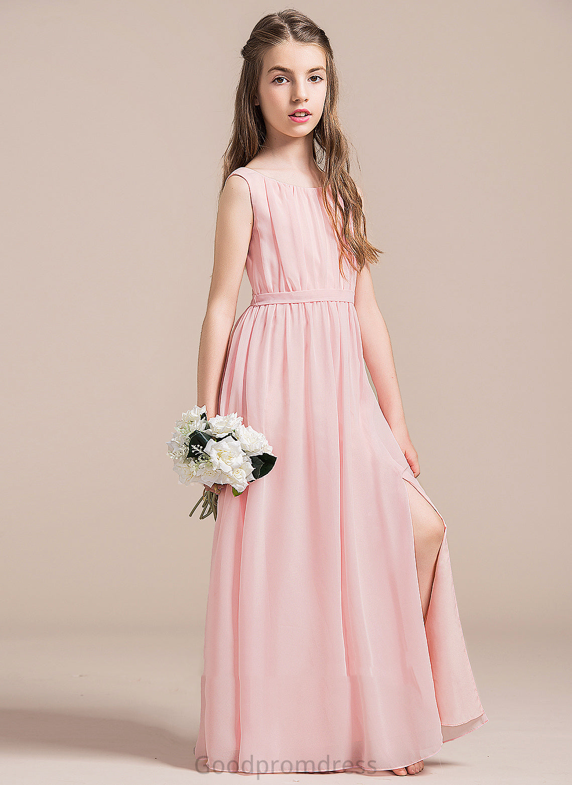 Annabel Front With Split Chiffon Ruffle A-Line Floor-Length Neck Junior Bridesmaid Dresses Scoop