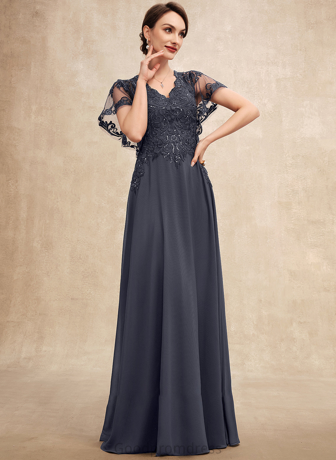 the A-Line Bride With Mother Ayla Mother of the Bride Dresses Dress Chiffon Floor-Length Sequins of V-neck Lace