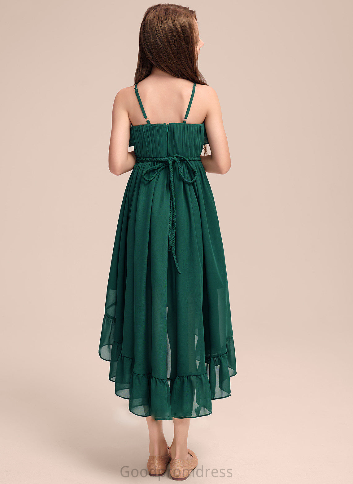 Chiffon Selena Scoop Ruffles Neck Asymmetrical With Cascading A-Line Junior Bridesmaid Dresses