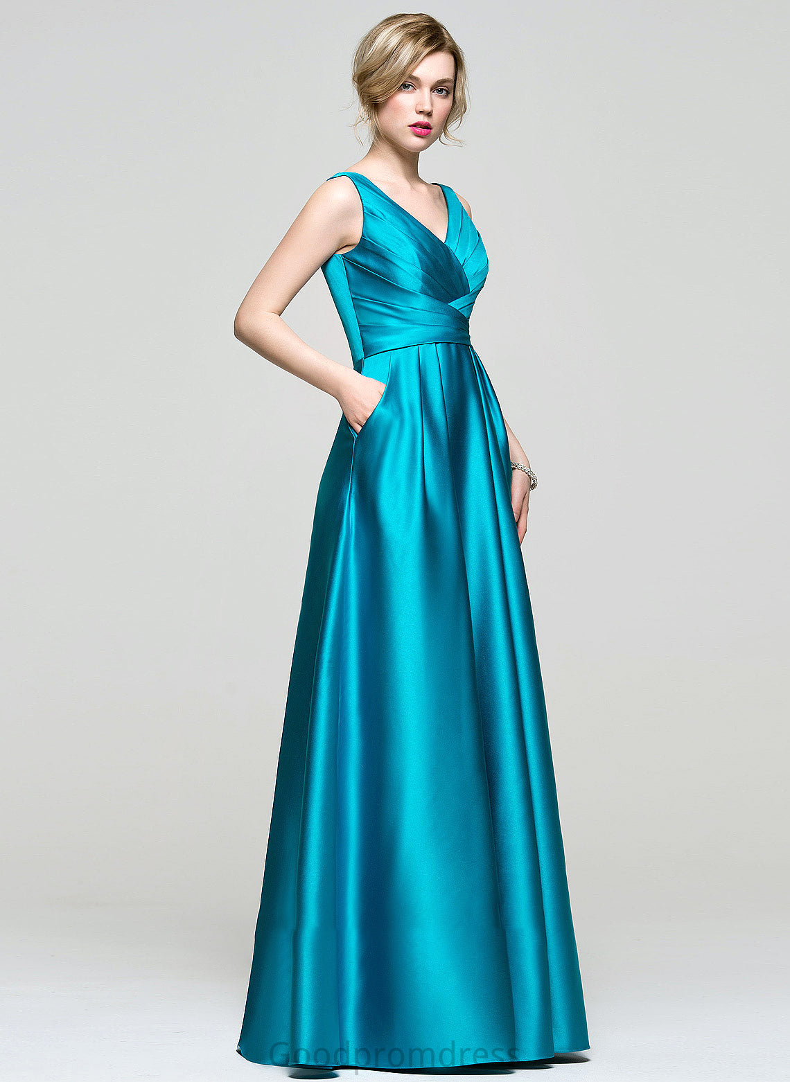 Ball-Gown/Princess Prom Dresses With V-neck Chelsea Satin Ruffle Pockets Floor-Length