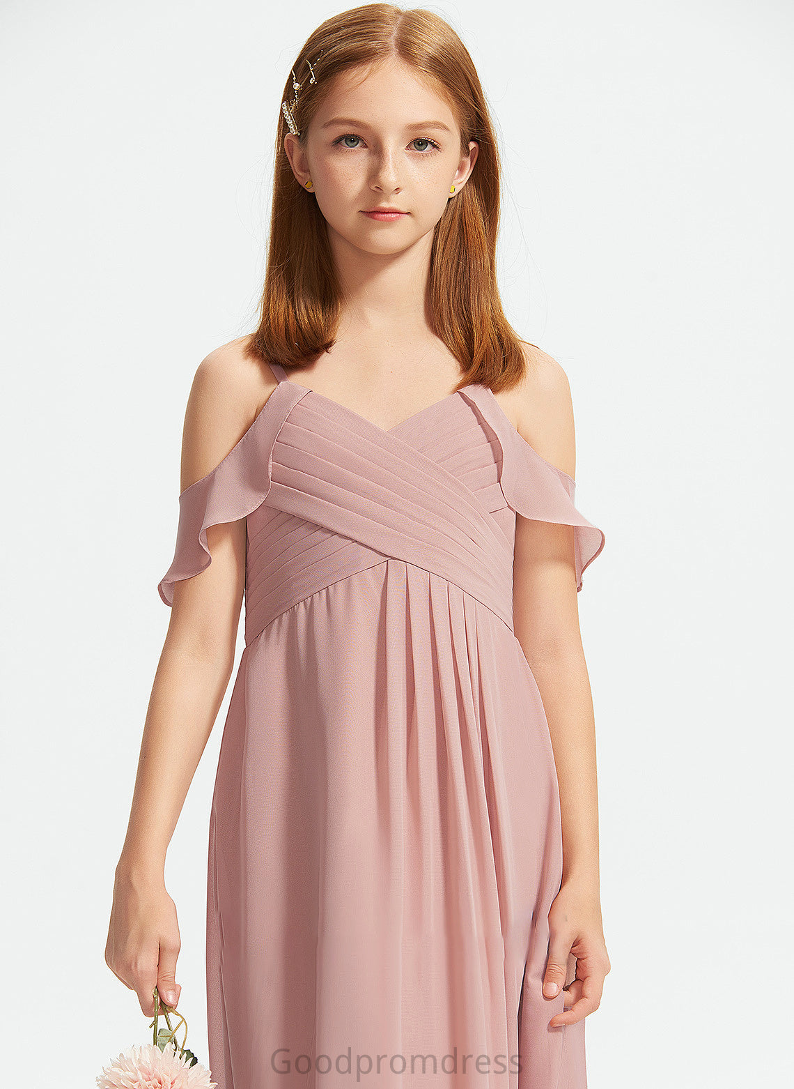 Chiffon Off-the-Shoulder With Ruffles Marin Floor-Length Cascading A-Line Junior Bridesmaid Dresses