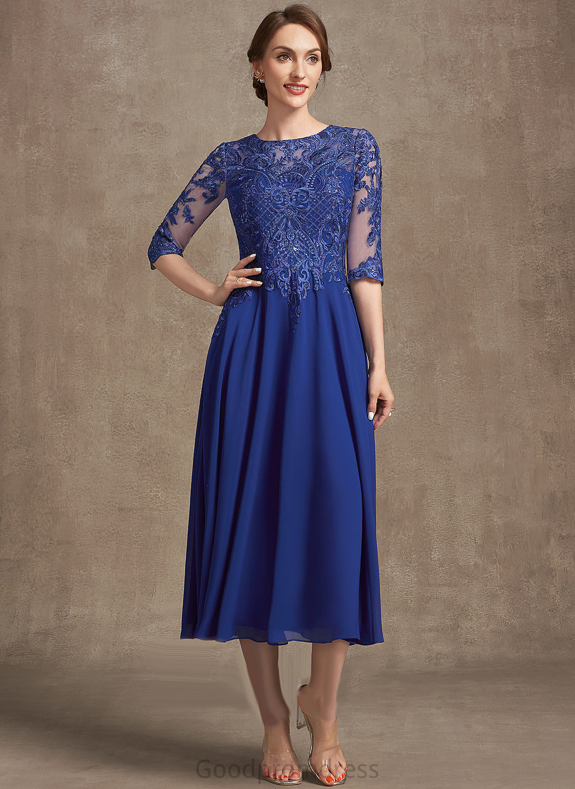 Sequins With Tea-Length of Scoop Dress Mother of the Bride Dresses Bride Mother Neck Chiffon A-Line Lainey the Lace