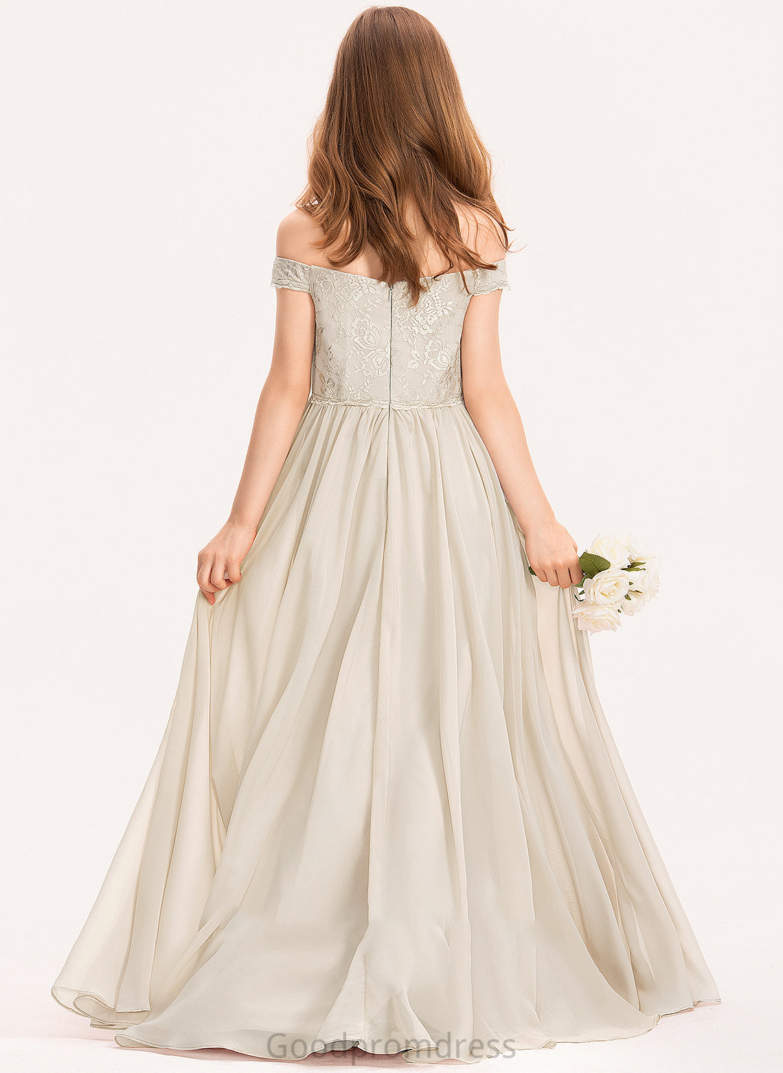 Lace Junior Bridesmaid Dresses Off-the-Shoulder Pamela A-Line Floor-Length Chiffon