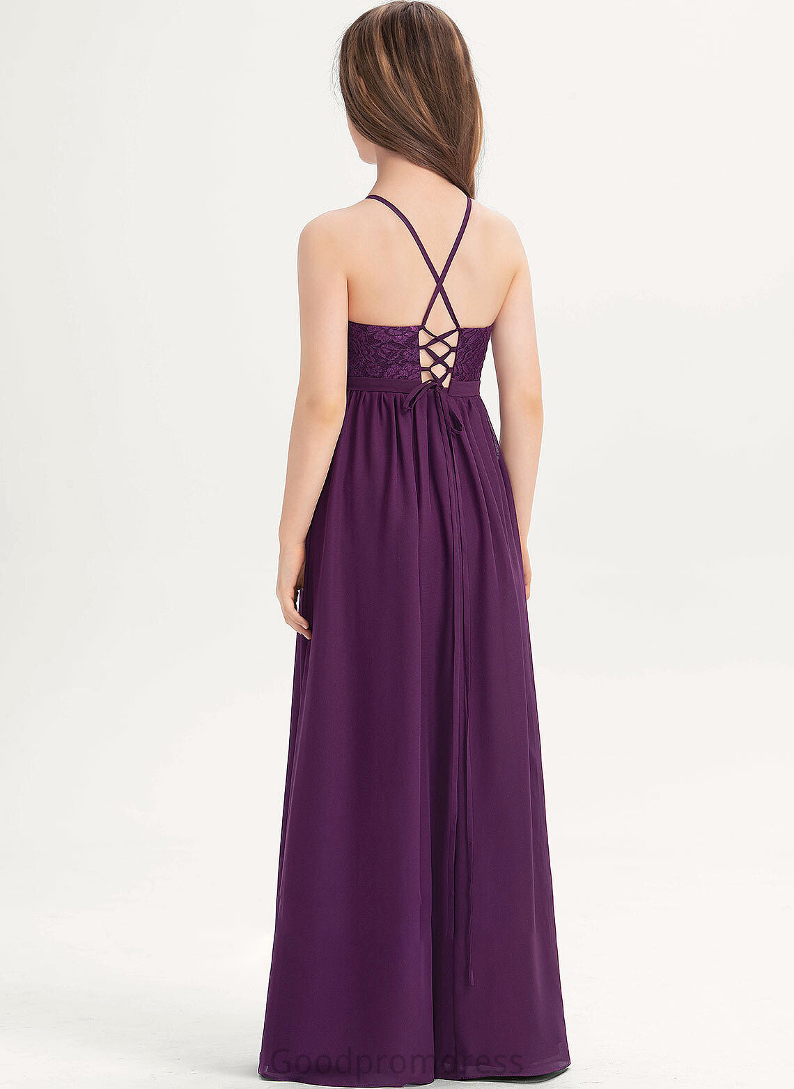 Lace Square Chiffon Junior Bridesmaid Dresses With Floor-Length Neckline Bow(s) Celia A-Line