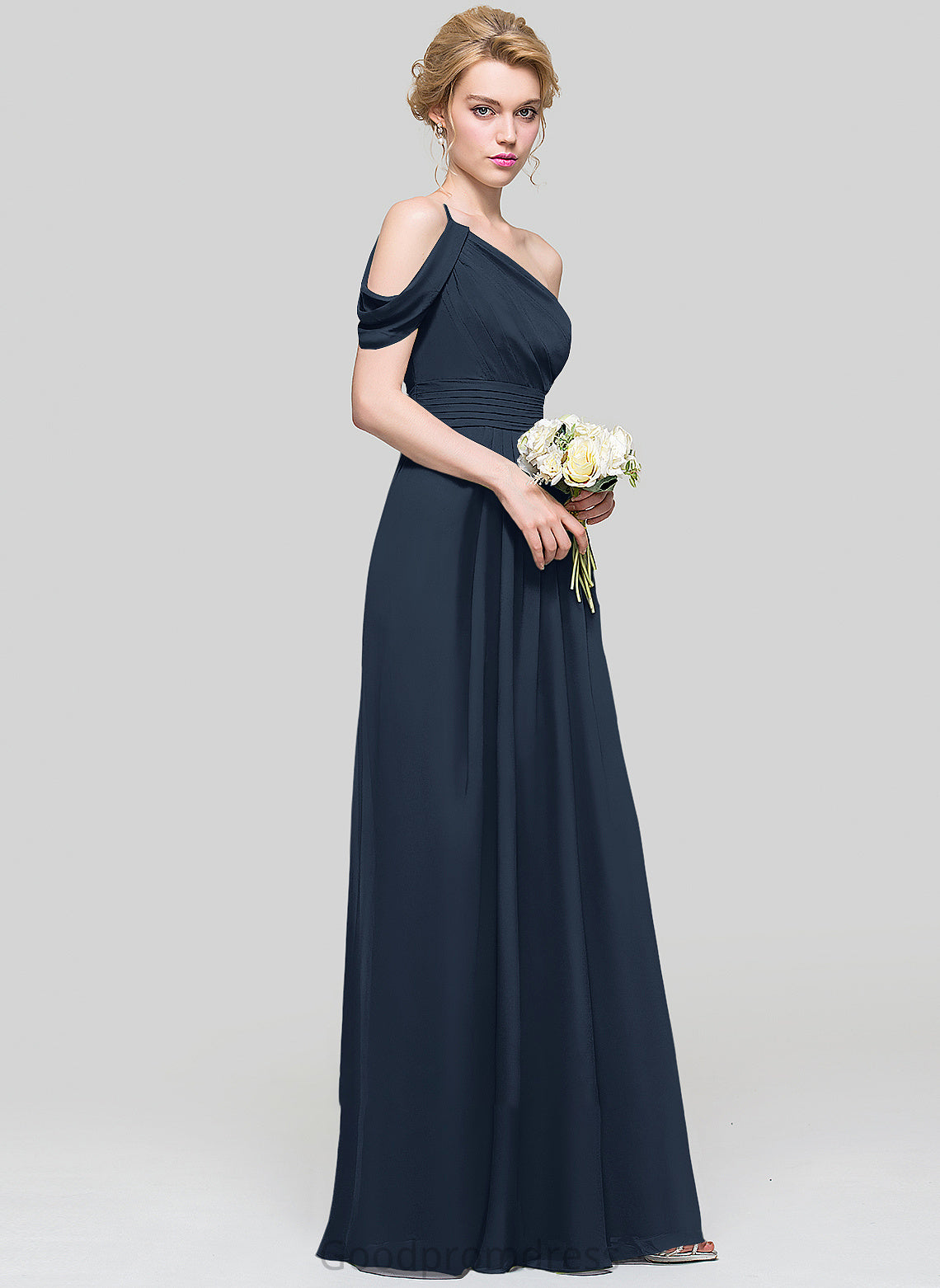 Silhouette Neckline A-Line Fabric Length Floor-Length Embellishment One-Shoulder Ruffle Hayley Natural Waist A-Line/Princess Bridesmaid Dresses