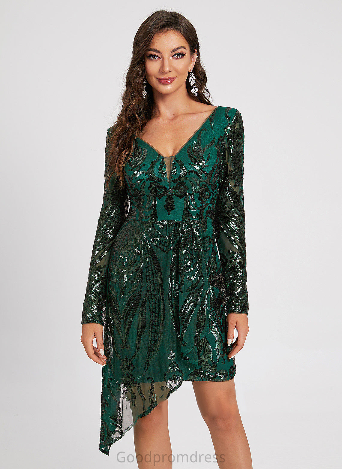 Cocktail With V-neck Sheath/Column Sequins Dress Lace Cocktail Dresses Lace Sequined Jordan Asymmetrical