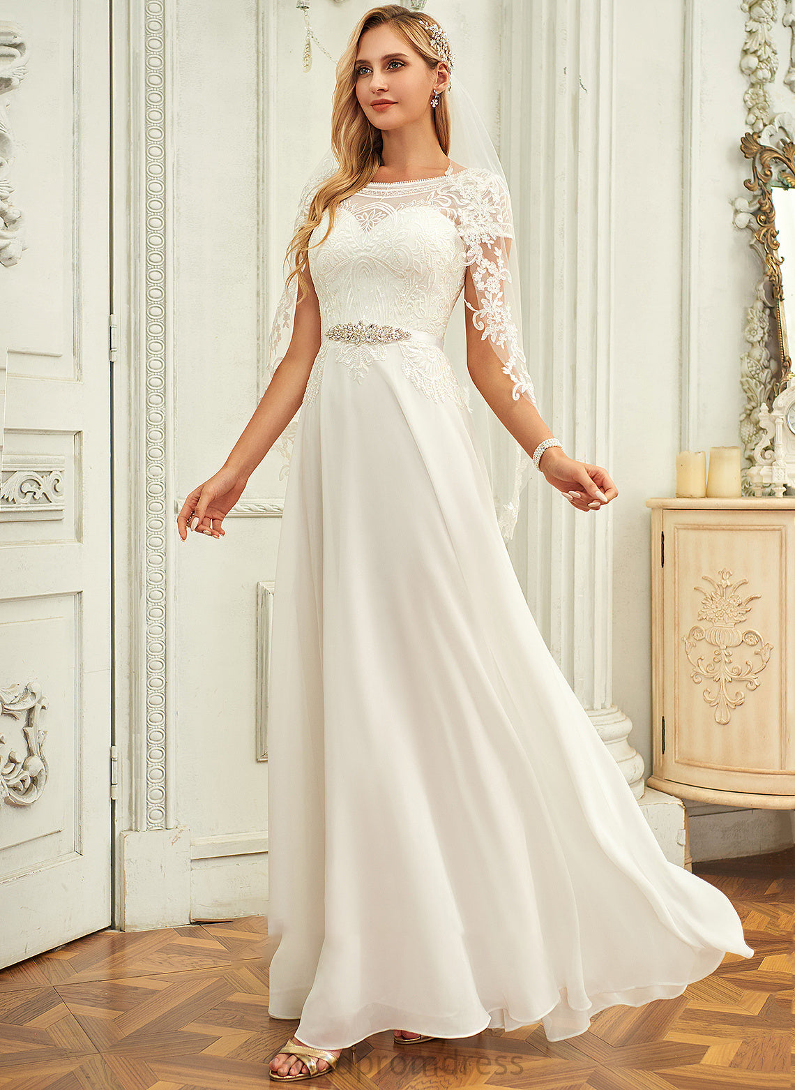 Dress With A-Line Lace Chiffon Sequins Wedding Dresses Scoop Floor-Length Wedding Neck Linda