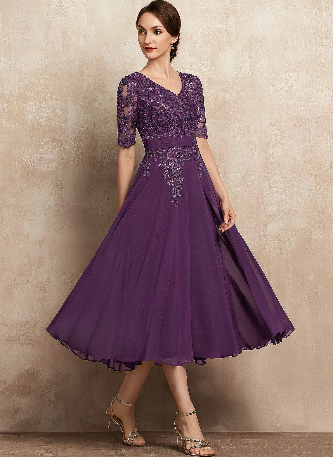 Janelle A-Line Mother V-neck Mother of the Bride Dresses Lace the Sequins Bride Tea-Length of Chiffon With Dress