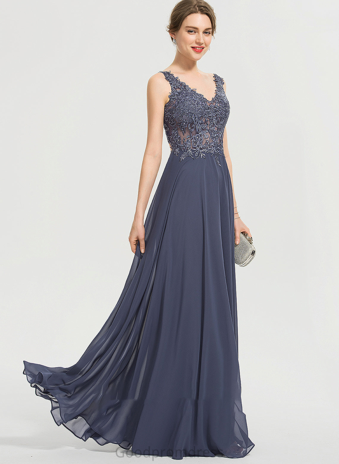 Sequins Floor-Length Split With Nancy Chiffon V-neck A-Line Prom Dresses Front Beading