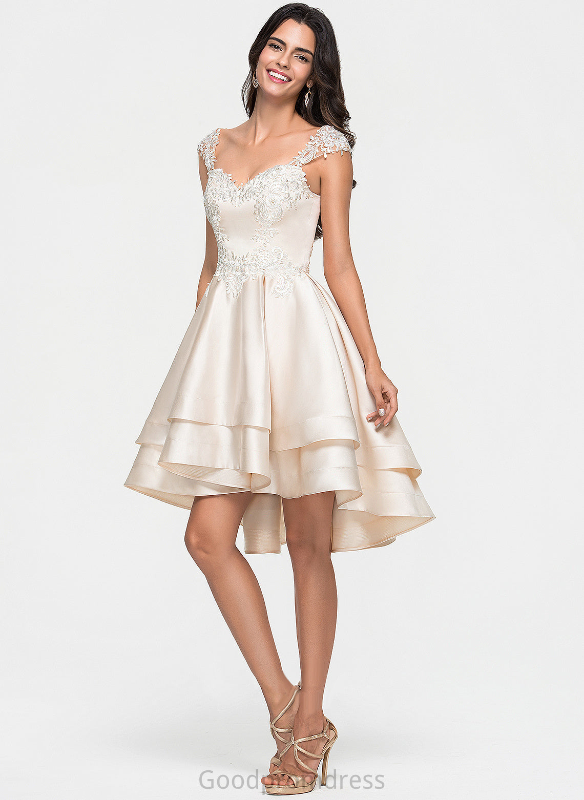 Satin Asymmetrical Lace Cascading With Homecoming Dresses Dress Quintina Ruffles Beading Homecoming Sweetheart A-Line