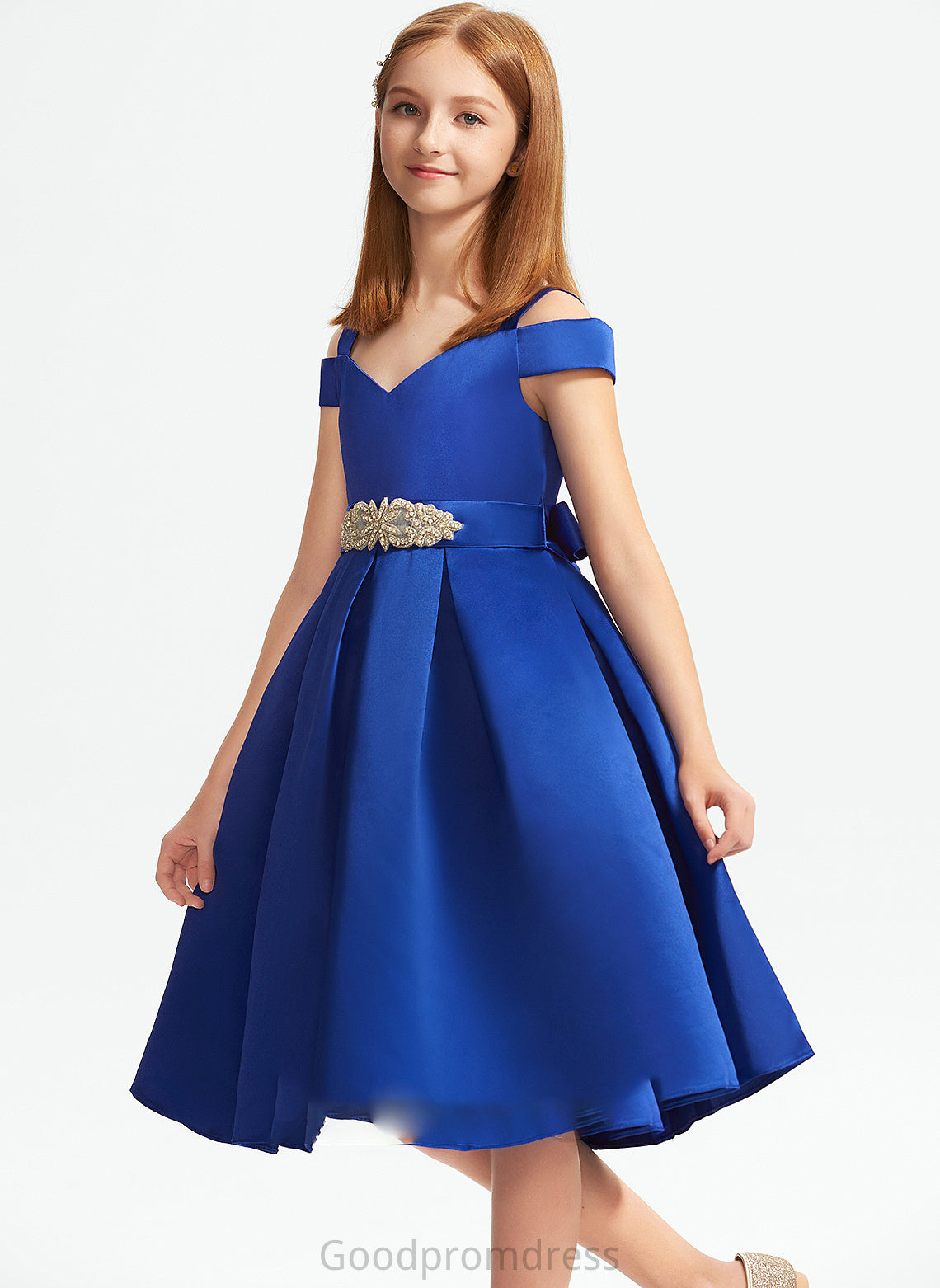 Off-the-Shoulder Satin With A-Line Junior Bridesmaid Dresses Bow(s) Ashly Beading Knee-Length