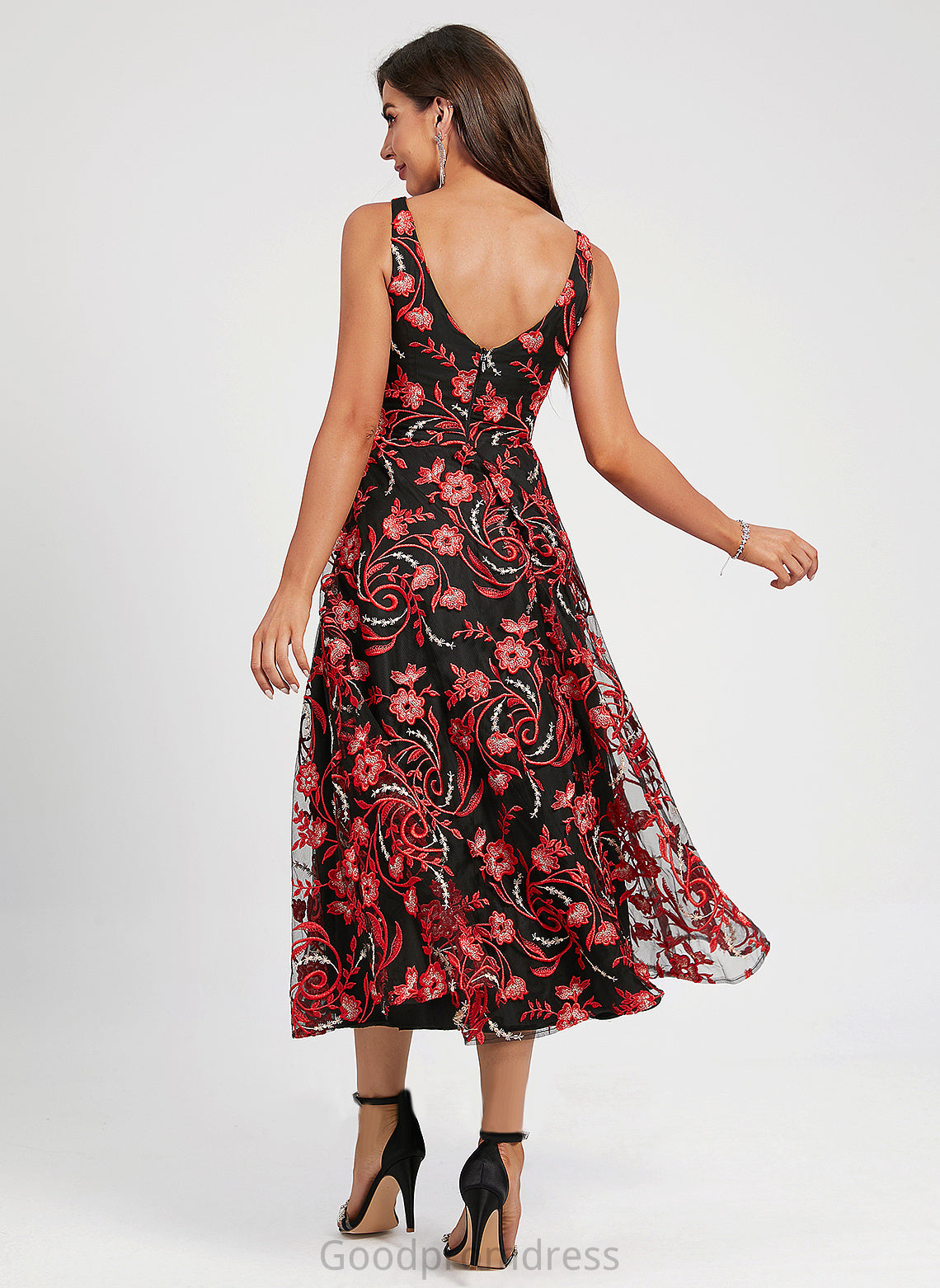 Lace With Cocktail Lace Jamya Dress Tea-Length Flower(s) Cocktail Dresses V-neck A-Line