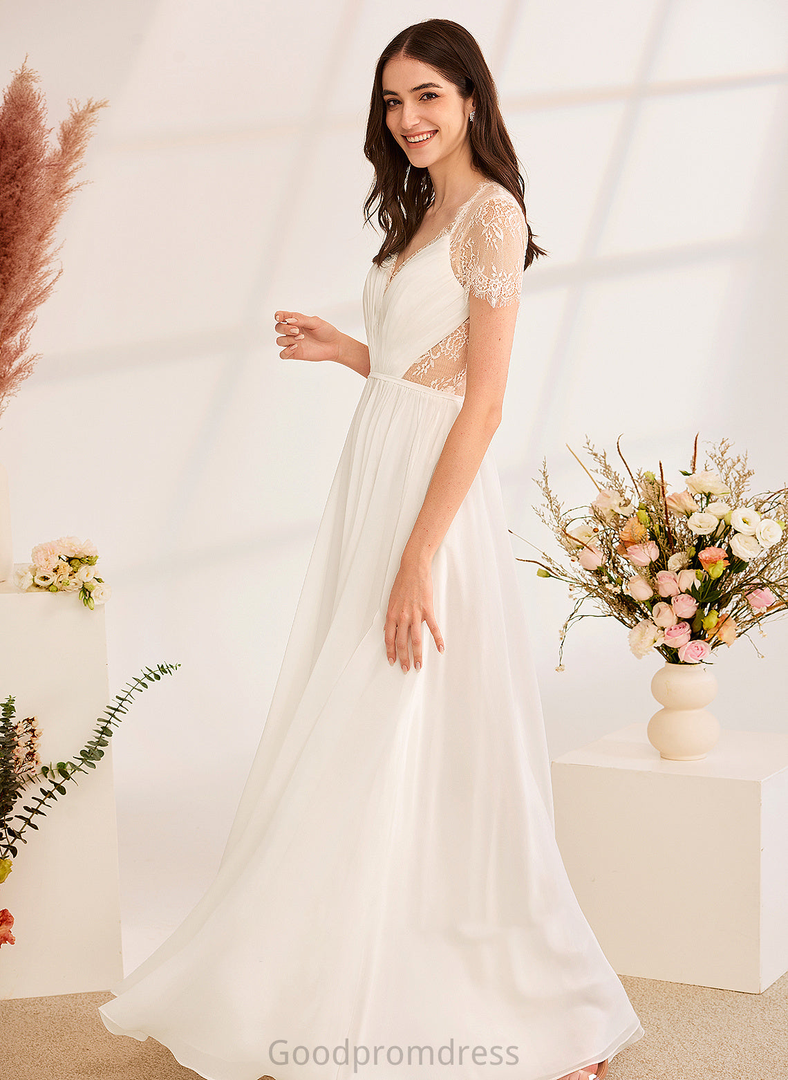 With A-Line Luz Floor-Length Wedding V-neck Dress Ruffle Wedding Dresses