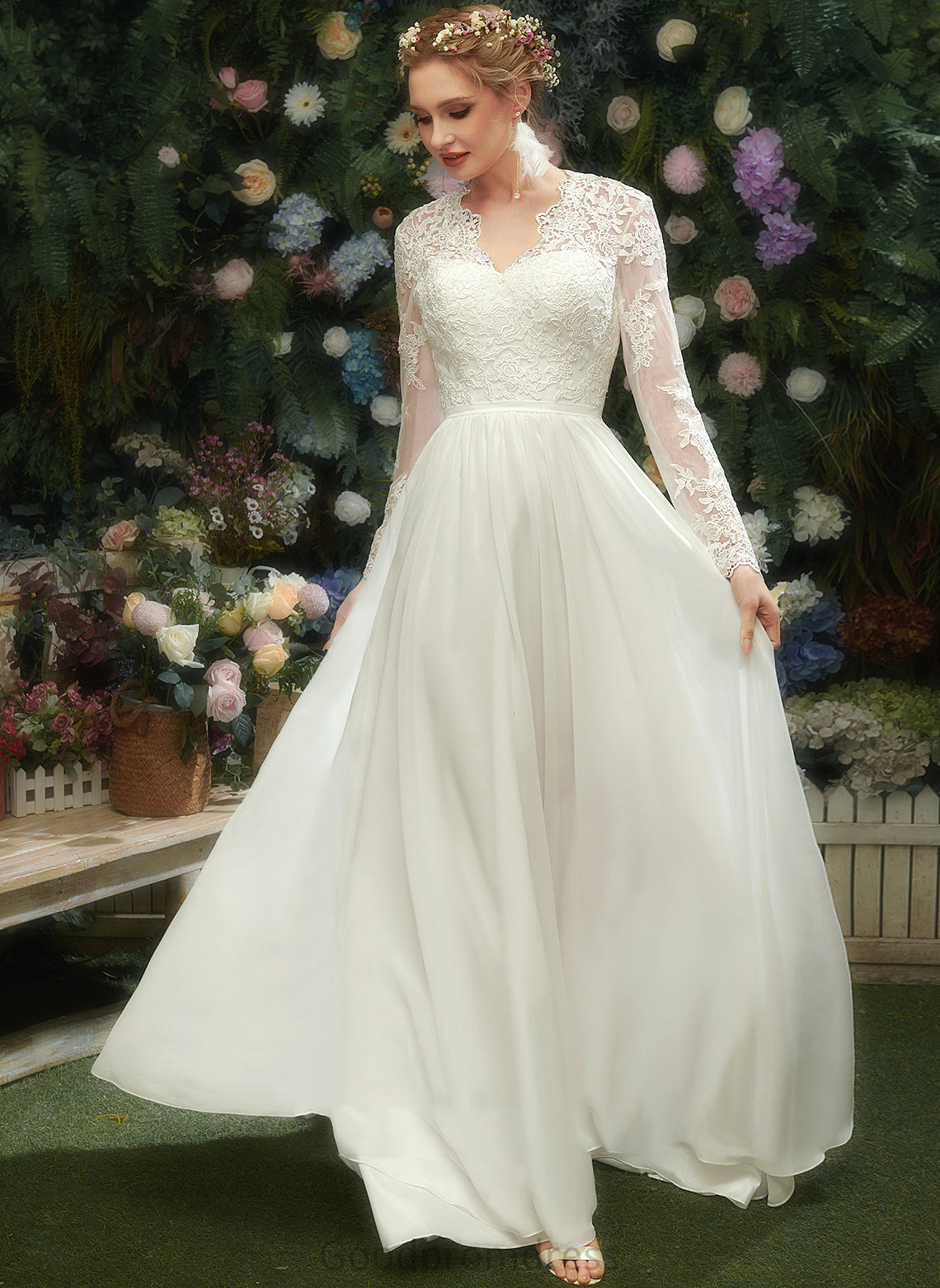 A-Line V-neck Lace Erin Wedding Floor-Length With Wedding Dresses Dress