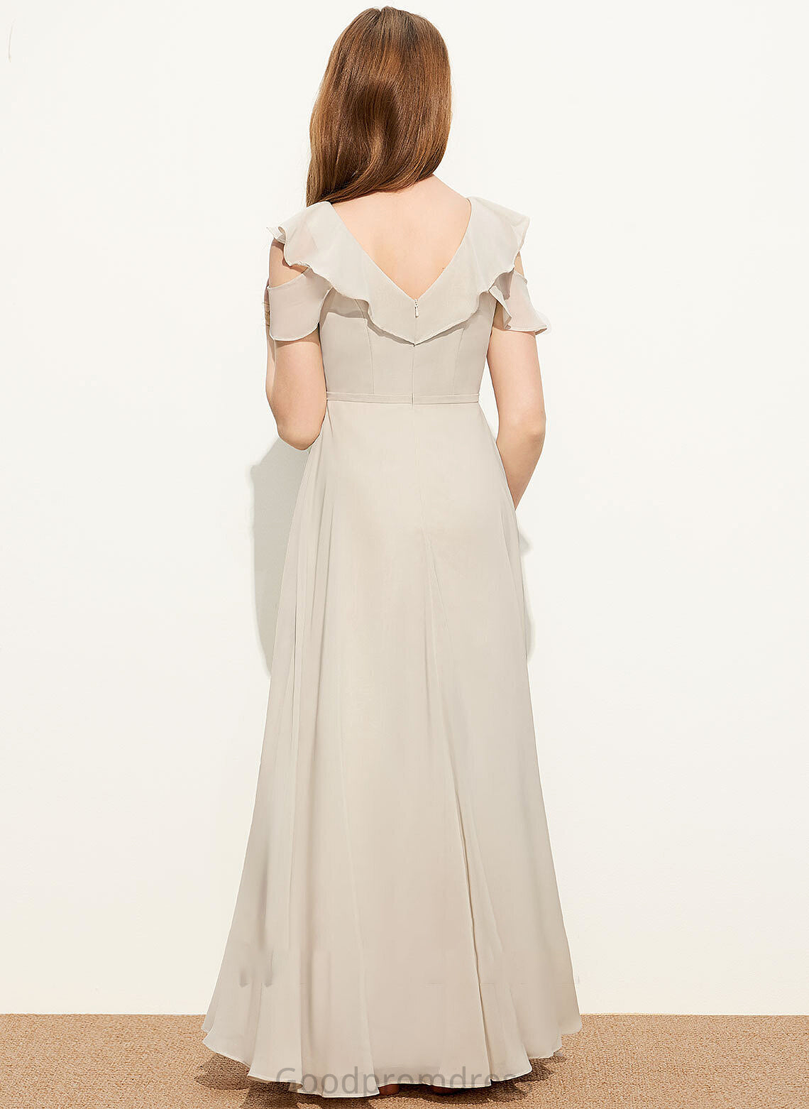 Floor-Length Ruffles A-Line Yazmin Cascading V-neck Junior Bridesmaid Dresses With Chiffon